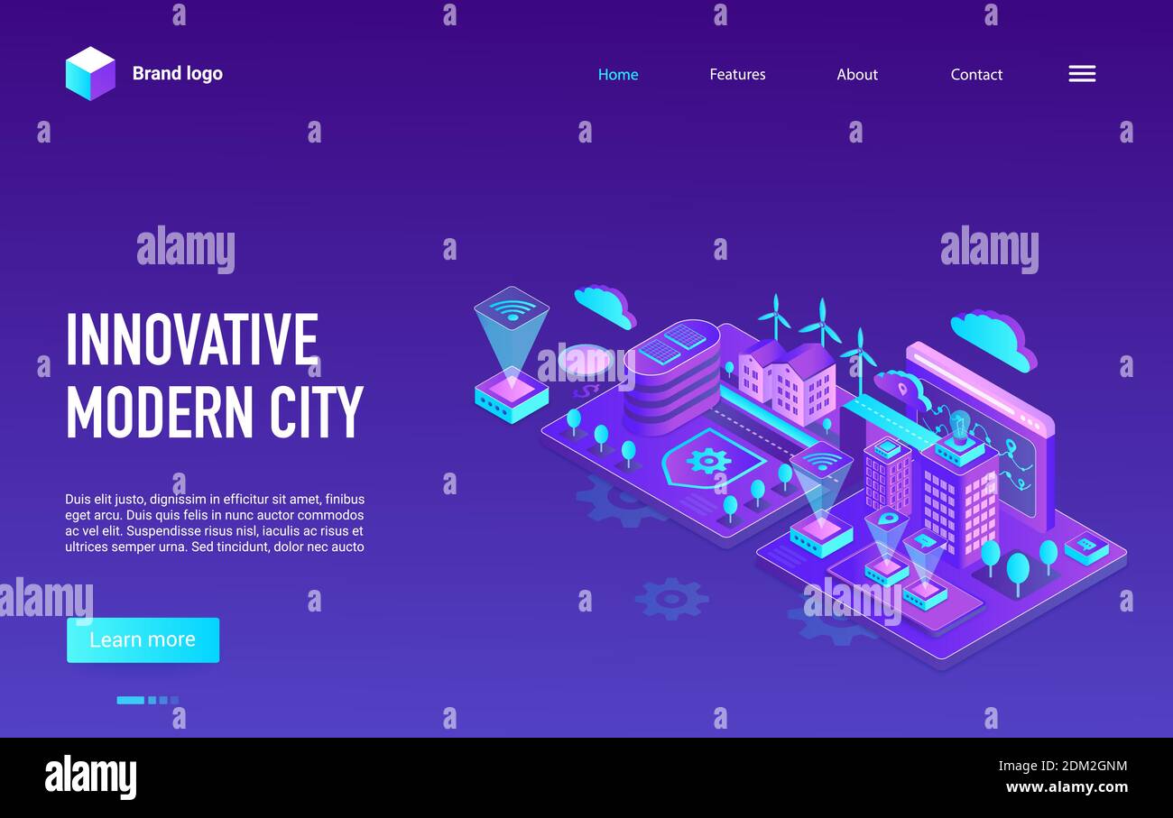 Kreative moderne Konzept Landing Page, Website-Design mit Cartoon-Karte der Stadtlandschaft mit Cyber-Infrastruktur, künstliche Intelligenz Kontrolle. Isometrische Smart City iot Technologie Vektor Illustration Stock Vektor