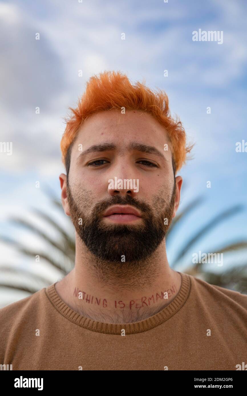 Portrait des jungen Mannes gekrönt von Blättern mit Bart, orangefarbenen Haaren und tätowierten Hals nichts ist dauerhaft Stockfoto