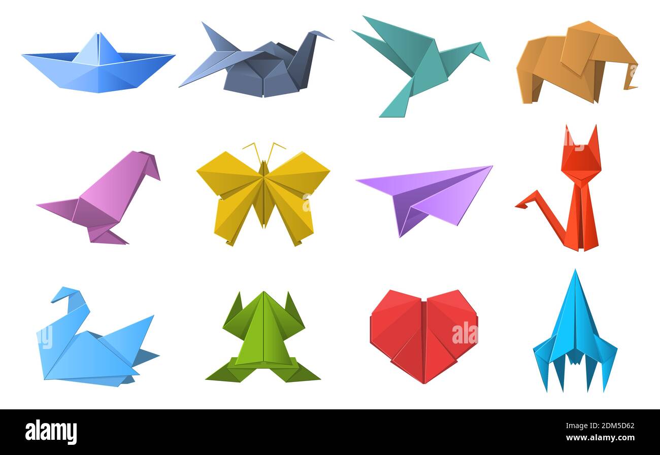 Papier Origami-Formen. Origami polygonal Papier Falten, Taube, Tiere,  Flugzeug und Schiff Figuren. Orientalisches Origami Hobby Vektor  Illustration Set Stock-Vektorgrafik - Alamy