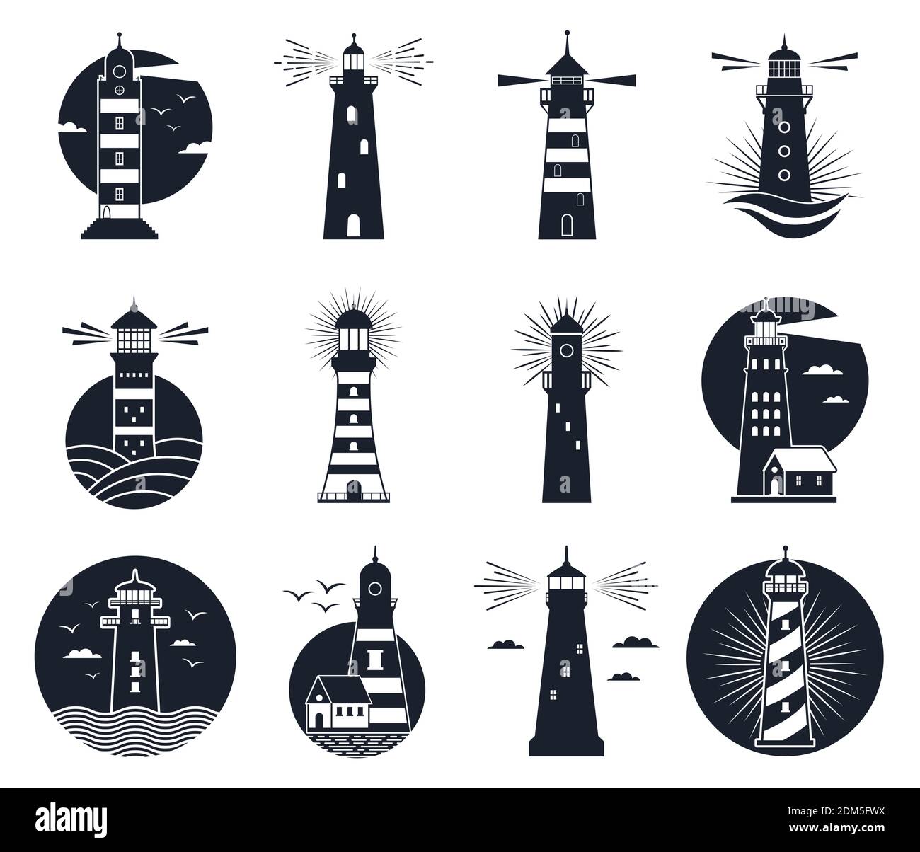 Leuchtturmetiketten. Vintage Leuchtfeuer Gebäude Embleme, marine Navigation Leuchtturm Silhouetten. Beacon Towers Beschriftungen Vektordarstellung Satz Stock Vektor