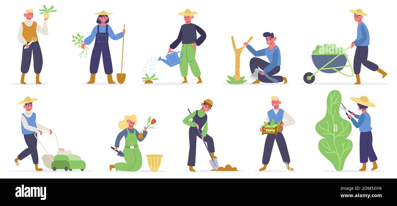 Gartenfiguren. Landarbeiter, Gärtner Pflanzen, Bewässern und Sammeln von landwirtschaftlichen Pflanzen und Grünpflanzen. Gärtner Arbeit Vektor-Illustrationen Stock Vektor