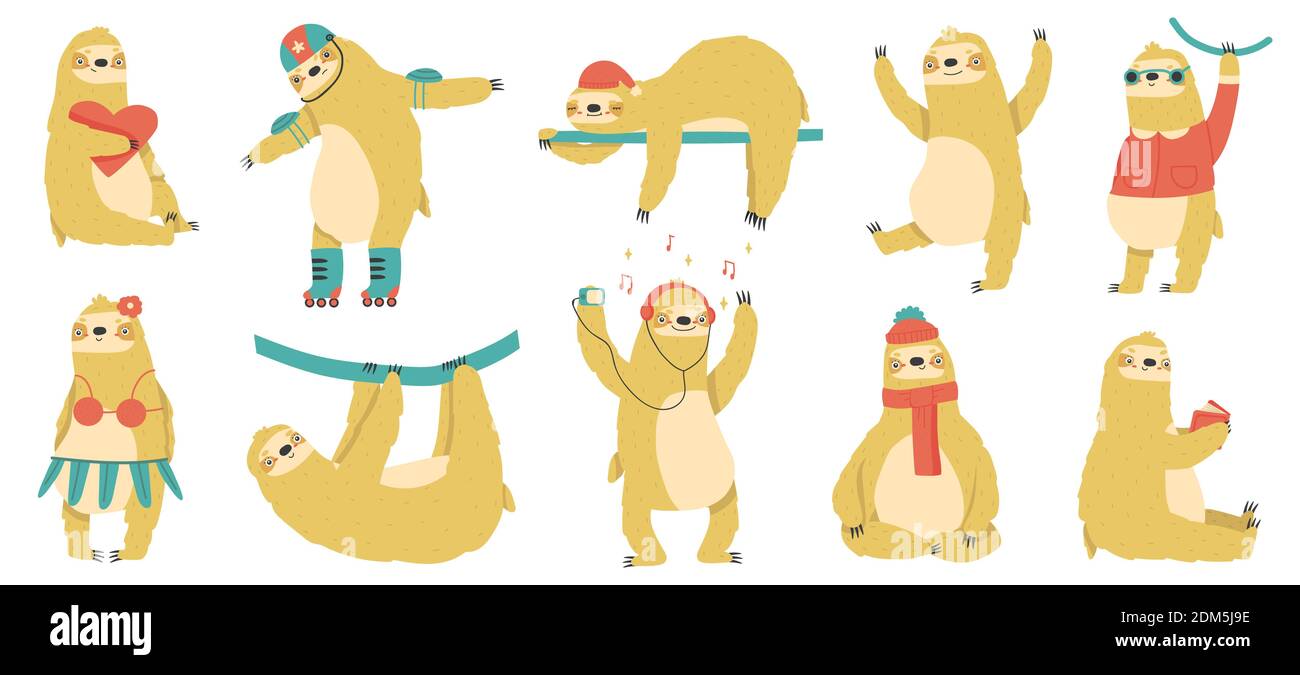 Lustige Faultiere. Nette Hand gezeichnet faule Tiere, lustige tropische Säugetiere, liebenswert Faultier Maskottchen Vektor-Illustration-Set. Dschungel Regenwald Faultiere Stock Vektor