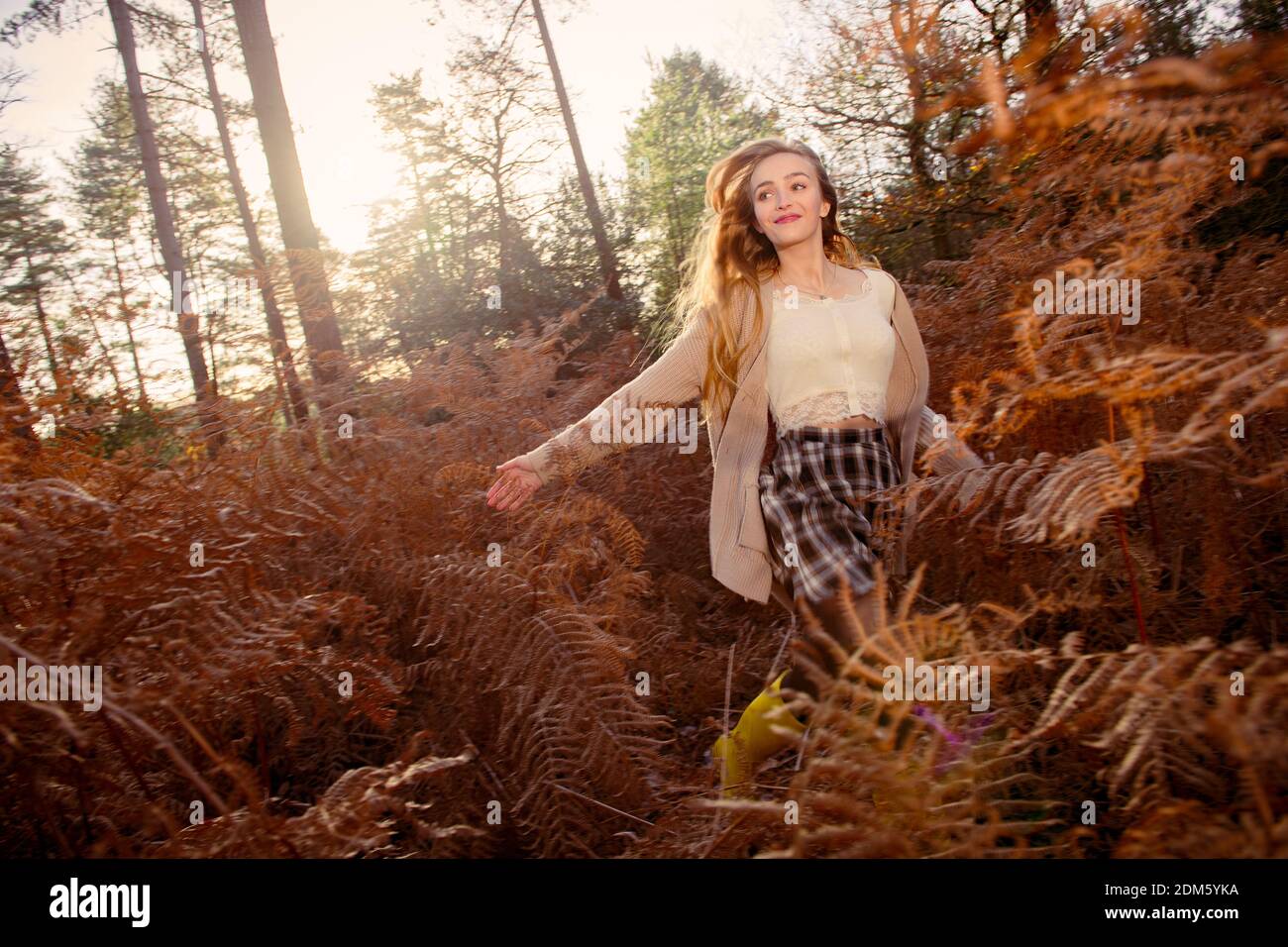 Eine junge, natürlich schöne Frau (20 Jahre) läuft durch die herbstlichen Farne, die sich an einem sonnigen Tag in einer Waldlandschaft mit einem Gefühl der Bewegung amüsieren. Stockfoto