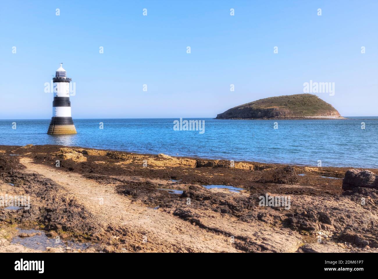 Trwyn Du Leuchtturm, Puffin Island, Wales, Vereinigtes Königreich Stockfoto