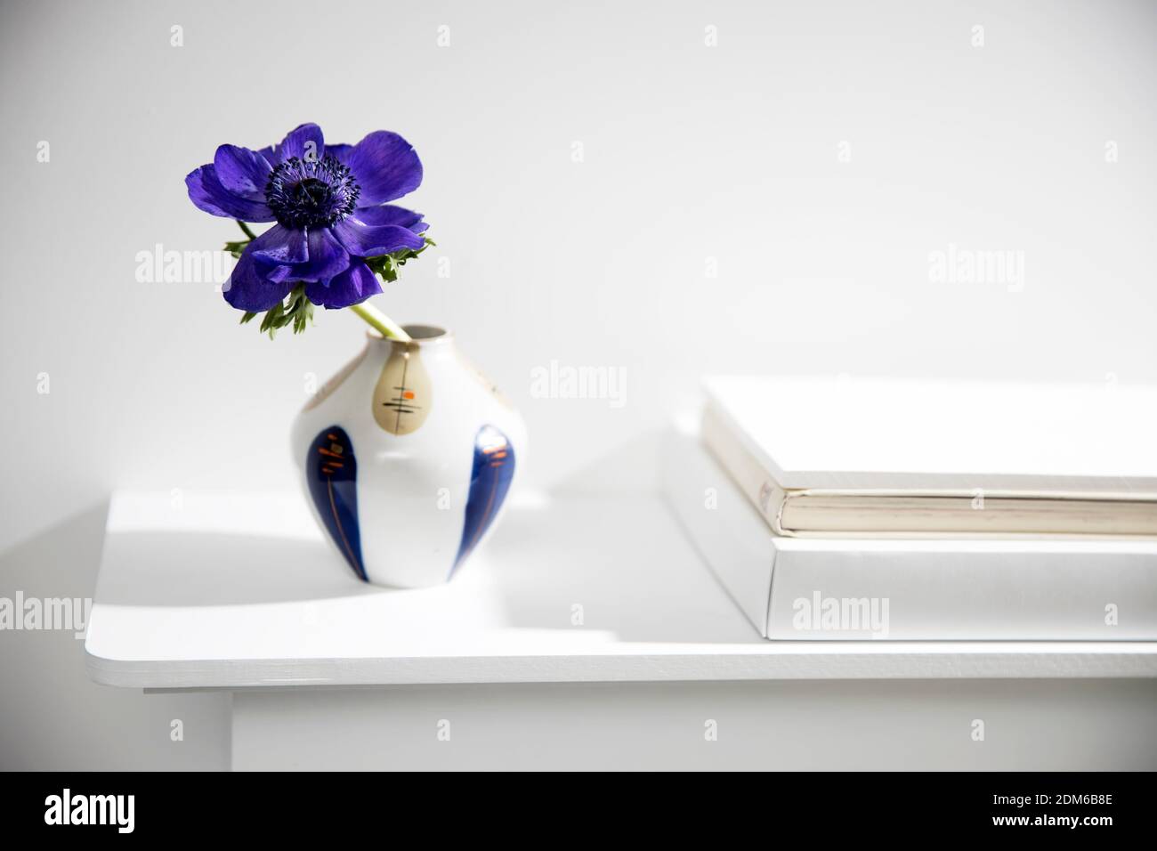 Eine blaue Anemone in einer mehrfarbigen Vase im Stil der 70er Jahre auf dem Tisch mit Büchern als Innendekoration. Stockfoto
