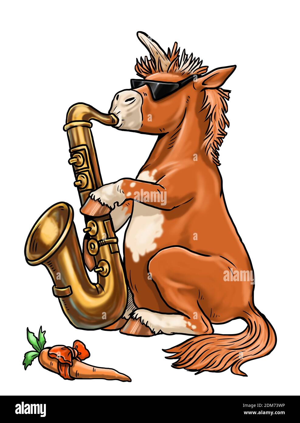 Lustiges Einhorn spielt Jazz mit Saxophon. Vorlage für Färbung für Kinder und Pferdeliebhaber. Stockfoto