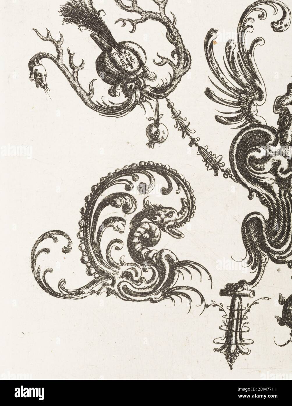 Platte 48, aus Neuw Grotteßken Buch, Christoph Jamnitzer, Deutsch, 1563 - 1618, Gravieren auf Büttenpapier, Ornamental Groteske Formen aus aurikulären knorpelhaften Formen mit einem geflügelten, turbanierten Mann mit Vogelbeinen und Flügeln für Arme. Oben halten zwei fantastische Bestien Girlanden, und an beiden Seiten Drachen., Deutschland, 1610, Ornament, Print Stockfoto