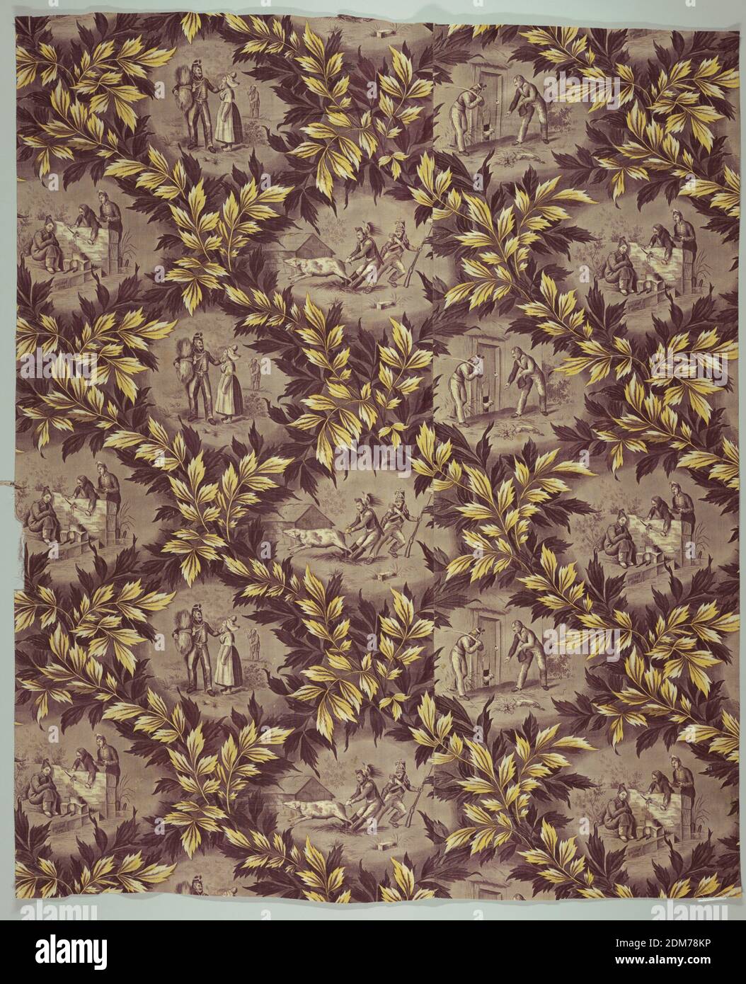 Textil, Medium: Baumwolle Technik: Walze auf Leinwandbindung gedruckt, vier Szenen – drei auf Französisch beschriftet – in einem Diamantgitter aus Blättern in Lila und Gelb. Zeigt Soldaten, die sich mit dem Land freimachen. Unter Szene von Soldaten, die gekochtes Fleisch von einem schlafenden Chinesen stehlen: 'Qui dort dinieren' (Sie schlummern, Sie verlieren). Unter einer Szene von Soldaten, die ein Schwein am Schwanz halten: 'Tiens Ferme' (halten Sie fest). Unter einer Szene von Soldaten, die versuchen, ein Huhn aus seinem Coop zu locken, damit sie es töten können: 'petits petits' (Küken Küken)., Elsass, Frankreich, ca. 1840, bedruckte, gefärbte & bemalte Textilien, Textil Stockfoto