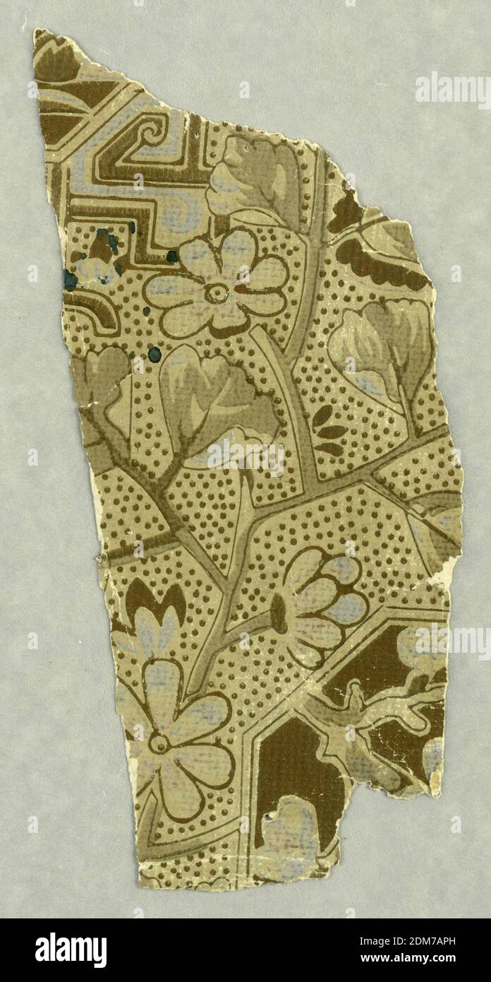 Seitenwand - Fragment, maschinell gedruckt, im ästhetischen Stil, stilisierte Pflanzen- und Blumenmotive mit geometrischen Aufteilungen, gedruckt in braun, braun und grau., möglicherweise USA, 1870–90, Wandbedeckungen, Sidewall - Fragment Stockfoto