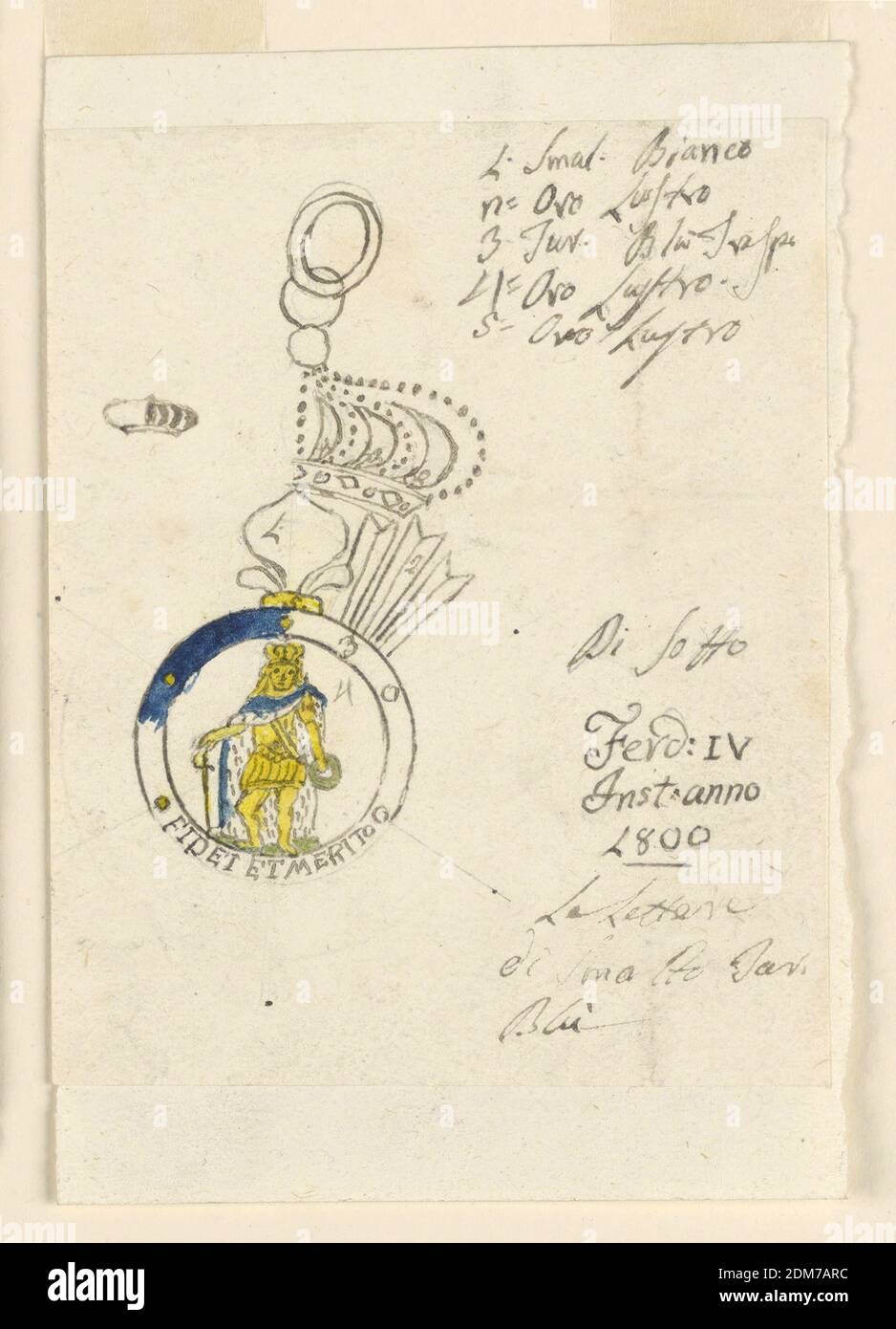 Entwurf für ein Abzeichen des sizilianischen Militärordens, Stift und Tinte, Pinsel und blau, gelb, grün Aquarell auf Papier, Arbeitsskizze zeigt ein Design für ein Abzeichen des R. sizilianischen Militärordens von St. Ferdinand und von Verdienst. Links eine kleine Skizze eines Teils einer Krone. In der Mitte hängt an zwei Ringen die rechte Hälfte der Krone, darunter ist die Lilie oben, die als "1" markiert ist, und der Befestigungsring um sie herum als "5" markiert, und Äste von Strahlen als "2" markiert. Der Kreis der Vorderseite ist mit '3' gekennzeichnet. Seine dunkelblaue Farbe und die goldene Farbe der fünf Punkte sind angegeben Stockfoto
