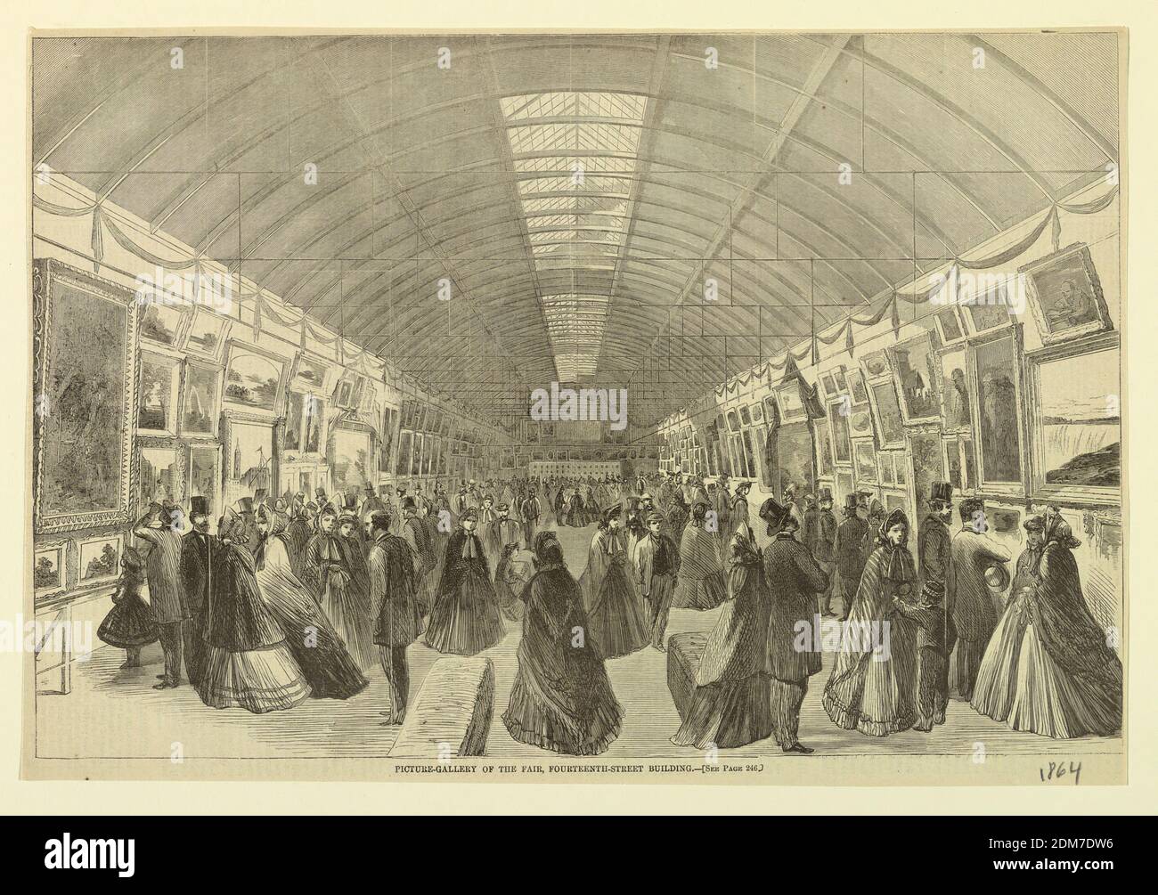 Bildergalerie, New York Fair, Holzstich auf Papier, Ansicht der Bildergalerie auf der New York Fair von 1864, zeigt eine große Versammlung von Menschen. Bildunterschrift: Bildergalerie der Messe, vierzehntes Straßengebäude, USA, 1864, Print Stockfoto