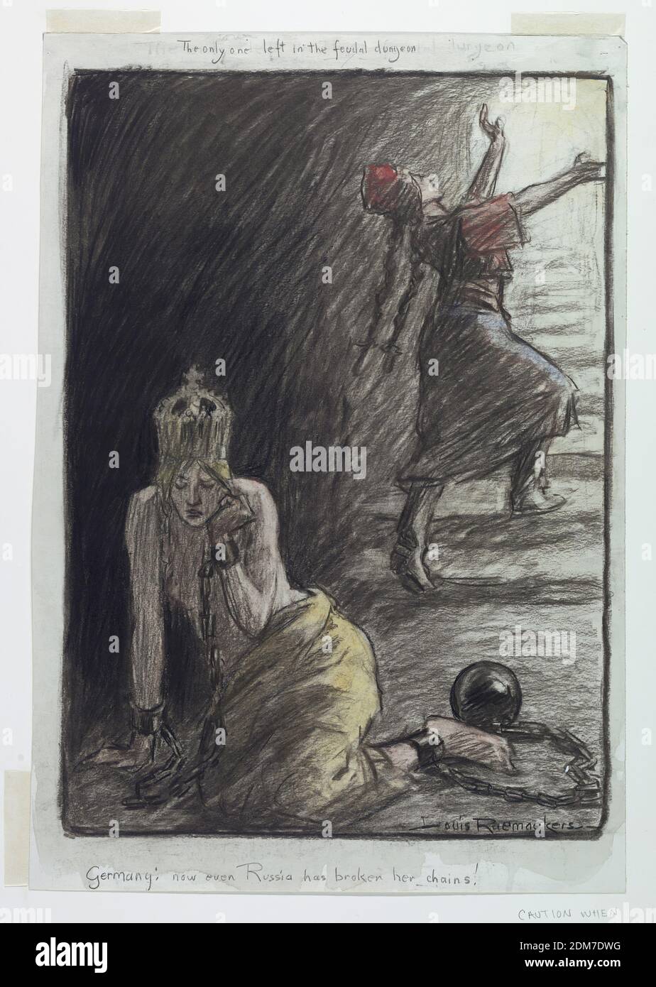 Der einzige, der im feudalen Kerker übrig war - Deutschland: Jetzt hat auch Russland seine Ketten gebrochen!, Louis Raemaekers, Niederländisch (aktiv in England), 1869 - 1956, Kohle, Pastell auf Papier, EINE verkettete Figur, die eine Krone trägt, ist in einem Kerker sitzend zu sehen, während ein russischer Bauer eine Treppe aufsteigt, von der Licht nach hinten durchdringt., Niederlande, 1917, Zeichnung Stockfoto