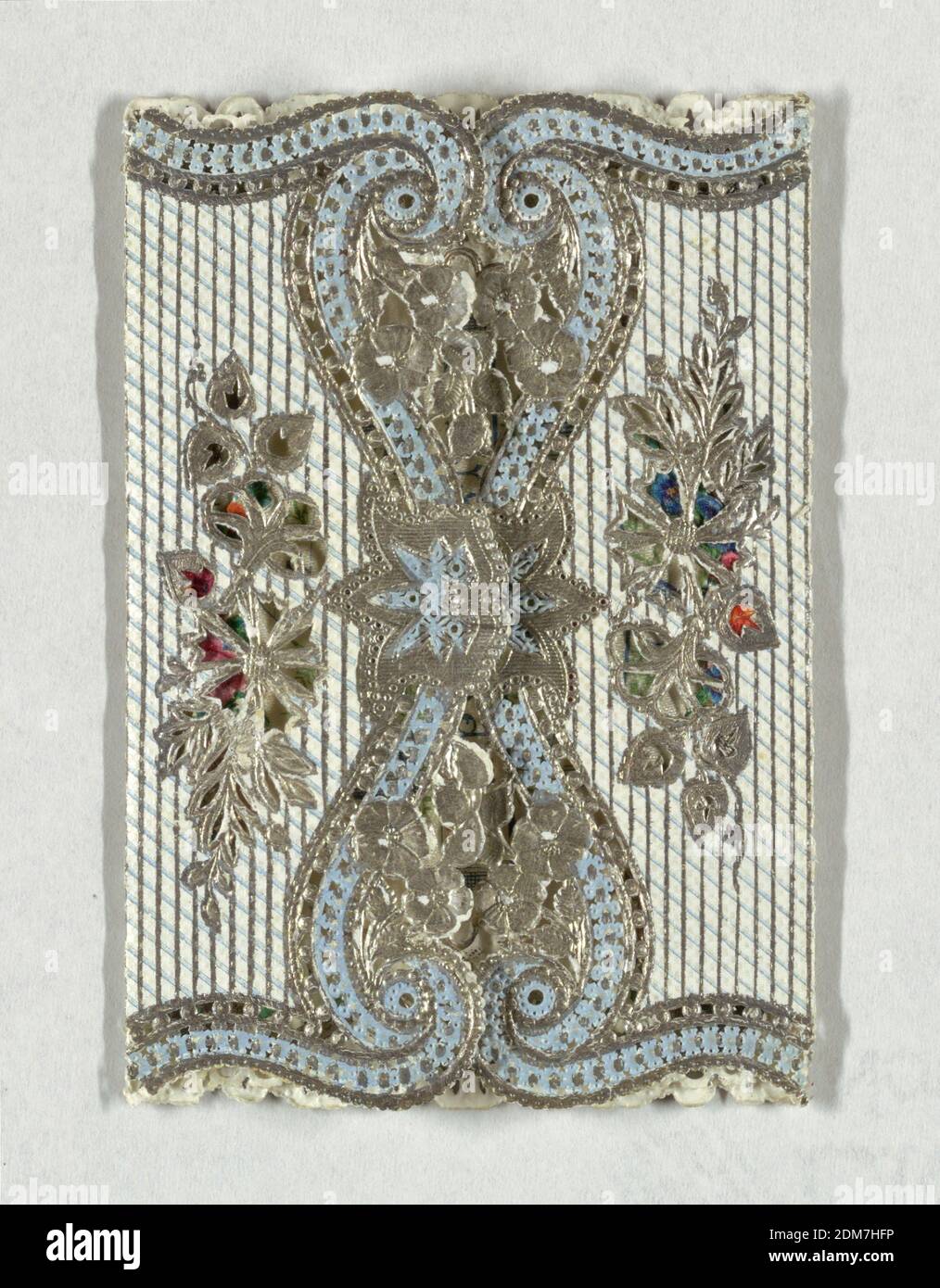 Weihnachtsgrüße, Chromolithograph, Seide auf geprägtem Papier, simulierter Umschlag mit Chromolithograph von Blumen in der Mitte. Doppelklappe auf der Rückseite öffnet sich, um ein weißes Seidenkissen zu offenbaren, auf dem gedruckt ist: 'Wishing a happy Christmas to you'., USA, ca. 1865, Grußkarte, Grußkarte Stockfoto