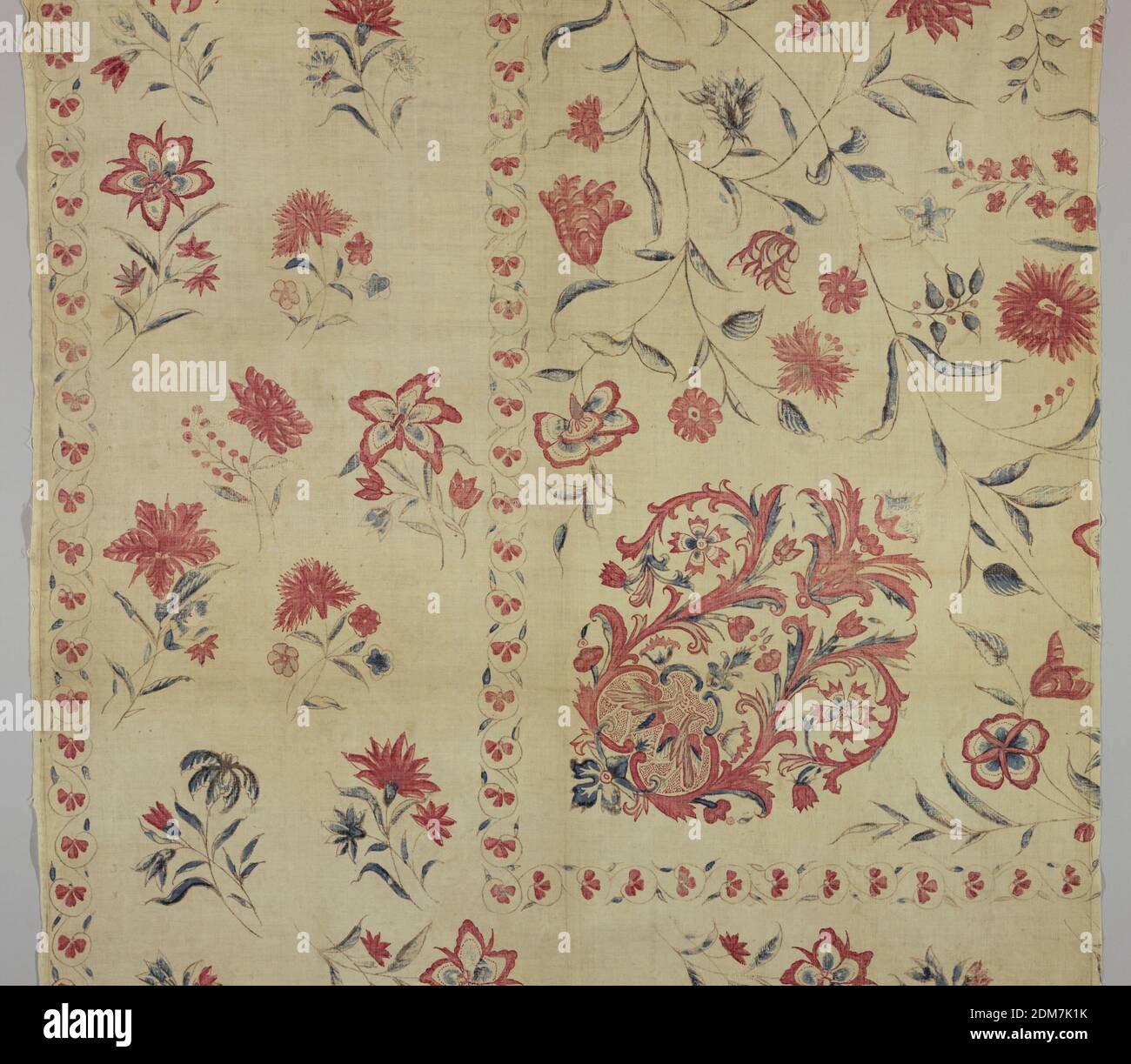 Cover, Medium: Baumwolle Technik: Gemordet und widerstandsfähig lackiert und eingefärbt auf Leinwandbindung (Chintz), breiter Rand auf zwei Seiten mit einem geformten Medaillon in der inneren Ecke. Polychrome auf weiß., auf einem weißen Feld, in abgelöster Anordnung, frei gezeichnete Blütensprays in Rottönen auf zarten braunen Stängeln, mit nun blauem Laub. Ein Eckornament aus symmetrisch geschwungenen Blattrollen in Rot und Blau bildet ein Medaillon, in dem an seiner Basis ein kleiner Abschnitt aus C-Rollen in Blau gebildet wird, die Vögel auf gepunktetem rotem Grund umrahmt. Vogelflügel übermalt in kleinen blauen Tupfer. Schmaler Schutzrand Stockfoto