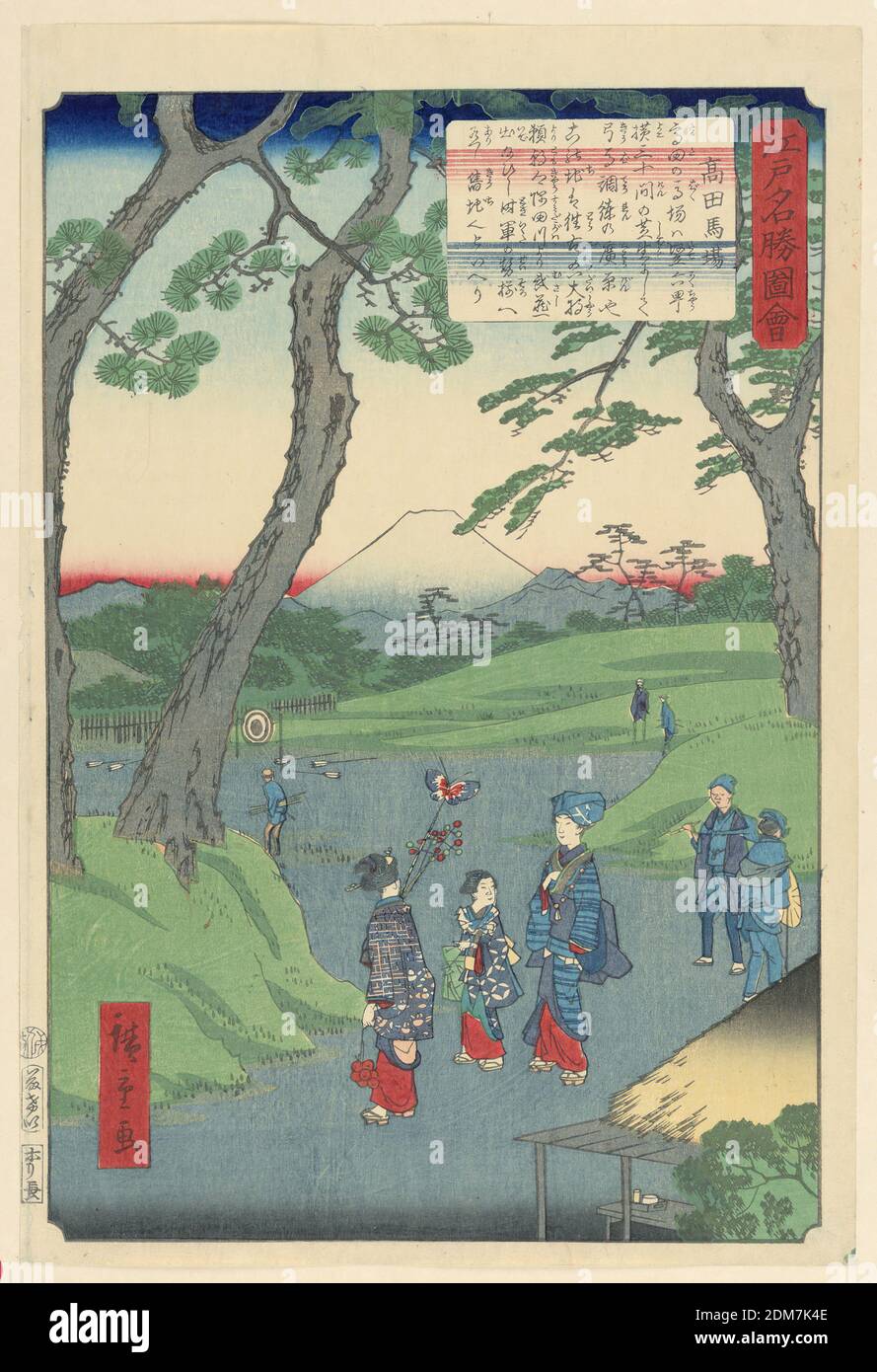 Winterszene, Ando Hiroshige, japanisch, 1797–1858, Holzblock-Druck in farbiger Tinte auf Papier, an diesem Wintertag zeigt drei Frauen fein gekleidet, mit einem Strauß mit einem schönen Schmetterling – die jüngste, eingebettet zwischen den älteren Frauen. Um sie herum befinden sich zwei Männer-Paare und ein Einzelmensch in der Ferne. Ein schneebedeckter Berg Fuji im Hintergrund., Japan, 1797-1858, Landschaften, Print Stockfoto