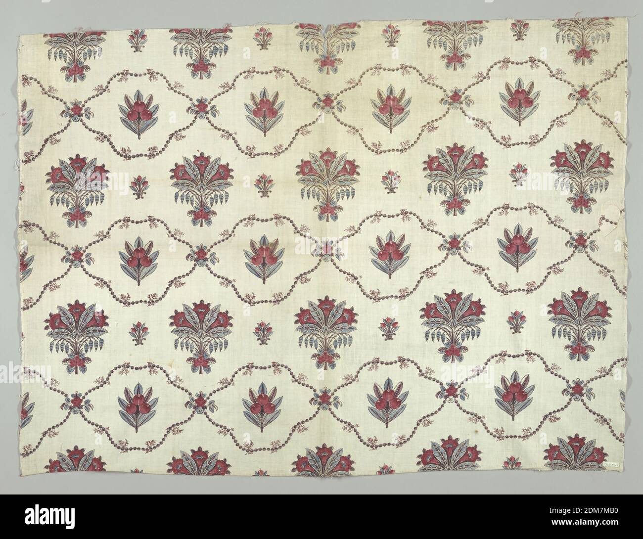 Textil, Medium: Baumwolle Technik: Block auf Leinwandbindung gedruckt, weiße Baumwolle, Design von horizontalen Reihen von gleichmäßig verteilten, lebensgroßen Trauben von Kirschen umrahmt von einer Kette von Perlen, abwechselnd mit Reihen von Blumensträußen. Farben; rot, blau und taupe. Ein selvage präsent., Frankreich, 18. Jahrhundert, bedruckte, gefärbte & bemalte Textilien, Textil Stockfoto