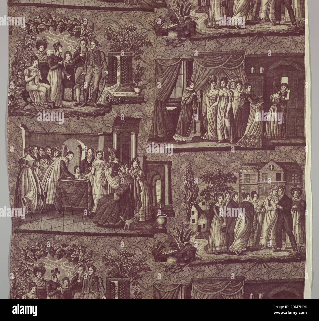 Heiratsszenen, Alexandre Buquet, (französisch, 1802–1865), Medium: Baumwolltechnik: Druck mit gravierter Walze auf Leinwandbindung, vier Szenen, auf Französisch beschriftete, von der Ehe; Bitte um die Hand der Frau, die standesamtliche Trauung, die Bettenung der Braut und den Tag nach der Ehe. In lila auf weiß., Rouen, Frankreich, ca. 1825, bedruckte, gefärbte & bemalte Textilien, Textilien, Textilien Stockfoto