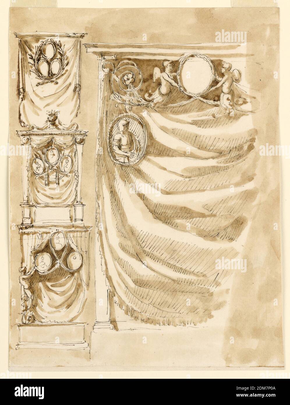 Dekoration für die Hochzeit des Prinzen Paluzzo Altieri., Giuseppe Barberi, italienisch, 1746–1809, Feder und braune Tusche, Pinsel und braune Wäsche auf weißem Büttenpapier, liniert, linke Reihe: Die drei Rahmen sind von zwei gekreuzten Zweigen umgeben. Die Vorhänge hängen an einer Stange. Mitte: In der allgemeinen Form eines Altars mit gaines mit Masken in Kapitellen, die die Entablatur unterstützen. Eine Blumenschale und Spiralen sind oben. Die drei Porträts werden von gekreuzten Zweigen unterstützt. Unten: Die Porträts hängen vor dem Zeltvorhang. Sie sind durch Seile oder Girlanden verbunden. Stockfoto