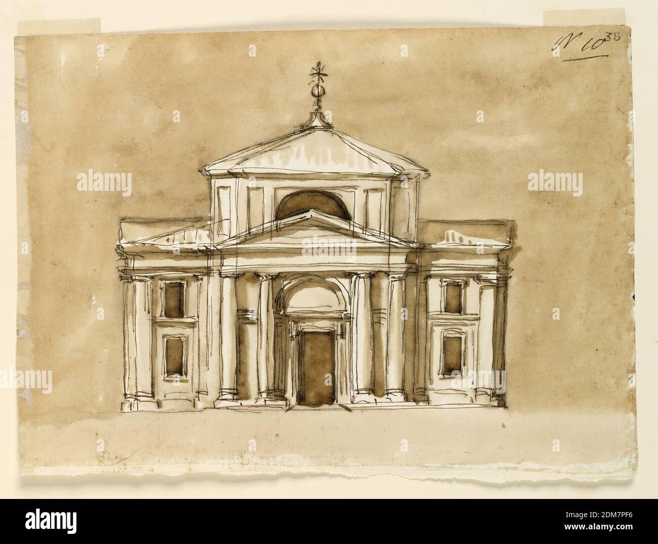 Erhebung einer Kirche des Monte Vergine, Giuseppe Barberi, italienisch, 1746–1809, Feder und braune Tusche, Pinsel und braune Wäsche, Graphit auf liniertem, cremefarbenem Büttenpapier, Kreuzschemata mit Kuppel. Vier eingelassene Säulen unterstützen die Entablatur und einen dreieckigen Giebel im zentralen Teil der Fassade; er wird von Buchten flankiert, die zwei Fenster in einer vertikalen Reihe zeigen., Rom, Italien, 1784, Architektur, Zeichnung Stockfoto