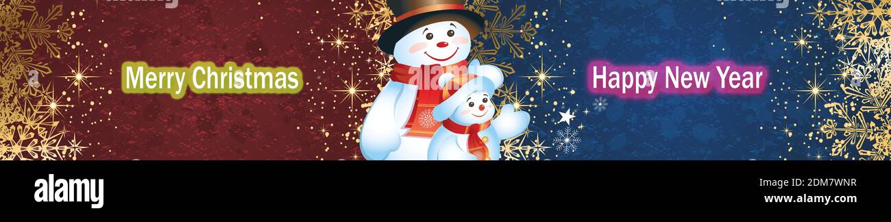 Frohe Weihnachten, Frohes Neues Jahr, auf einem dekorativen roten und blauen Hintergrund, Schneemann, Web-Banner, Illustration Stockfoto