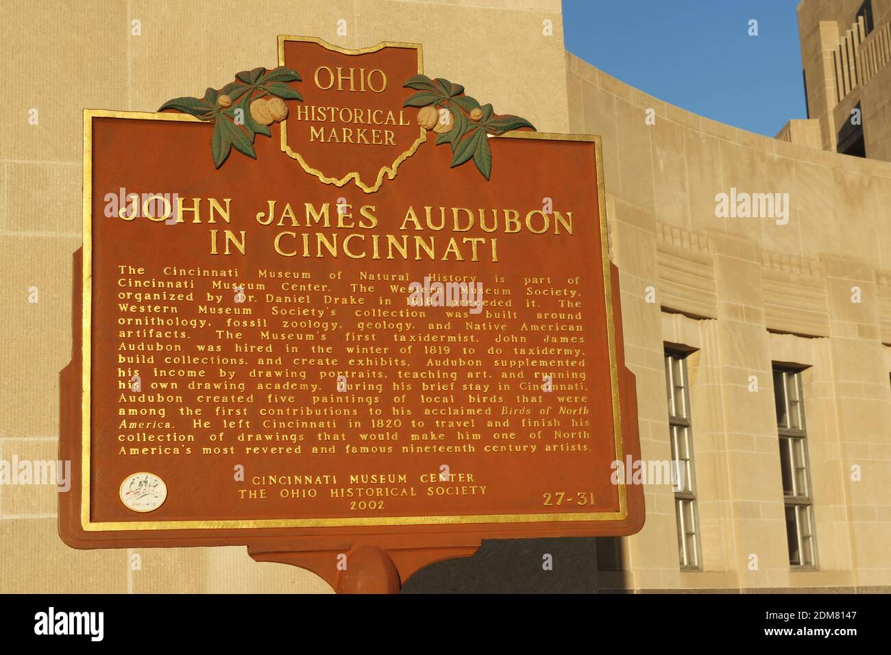 John James Audubon in Cincinnati historische Markierung. Cincinnati Museum Centre. Cincinnati Union Terminal - Bahnhof. 1933 Art déco-Architektur. Stockfoto