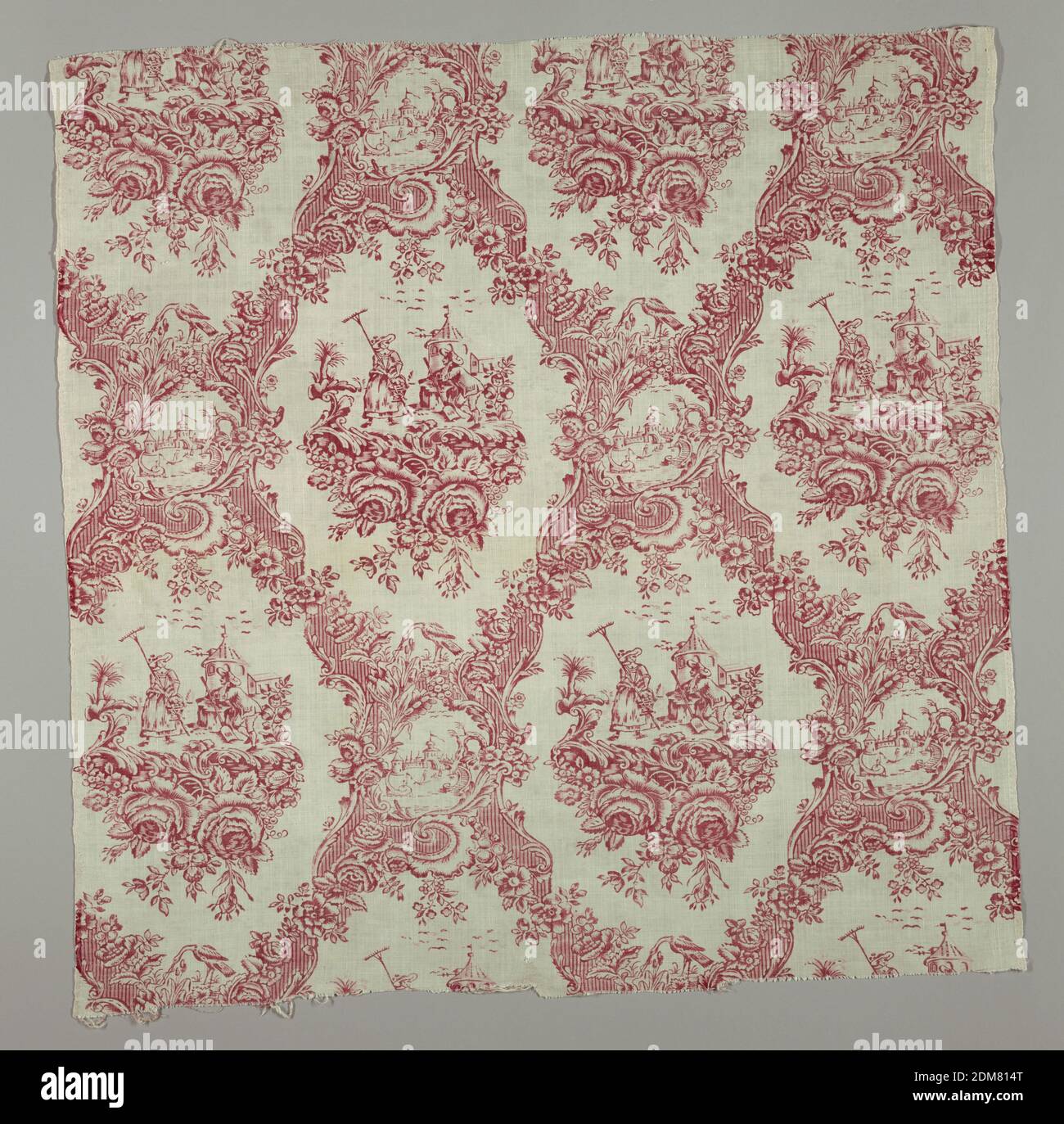 Textil, Medium: Leinengarp, Baumwollwefe Technik: Block auf Leinwandbindung gedruckt, Rot und Weiß Textil in einem Rautengitter Muster von Rokoko-Rahmen und Blumen erstellt. Im Inneren des größeren Rahmens befindet sich eine Farmszene mit zwei Figuren, die Werkzeuge tragen, während der kleinere Rahmen eine Hafenszene mit Gebäuden und kleinen Booten beherbergt., Frankreich, ca. 1770, bedruckte, gefärbte & bemalte Textilien, Textil Stockfoto