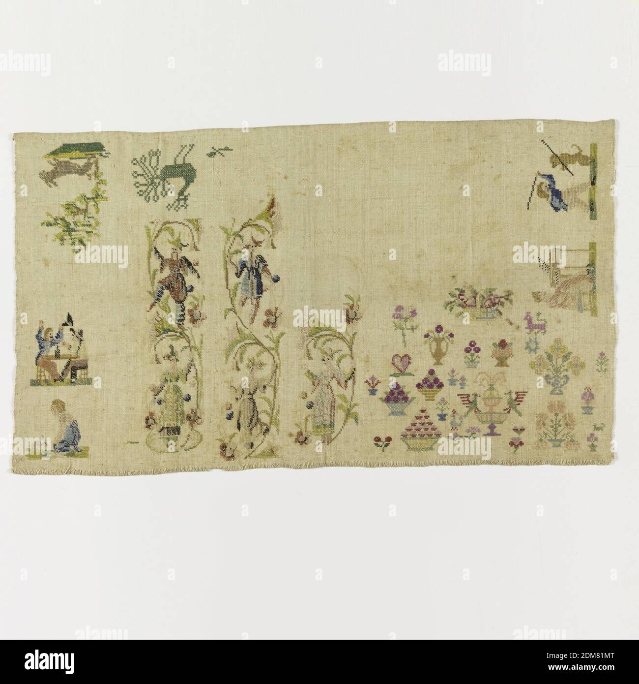 Sampler, Medium: Seidenstickerei, Leinenfundament Technik: Zelten und Kreuznähte auf Leinwandbindung, zwei Chinoiserie-Designs. Szenen von Menschen, Tieren, Vasen und Blumen., Europa, ca. 1780, Sticken & Nähen, Sampler Stockfoto