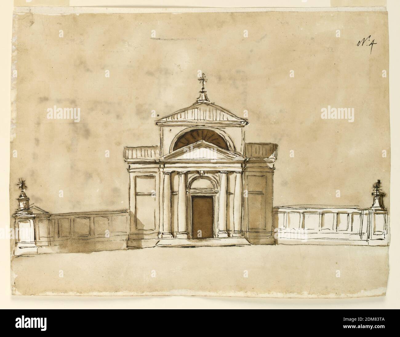 Erhebung einer Kirche für Monte Vergine, Giuseppe Barberi, italienisch, 1746–1809, Feder und braune Tinte, Pinsel und braune Wäsche, rote Tinte auf liniertem, cremefarbenem Büttenpapier, Kreuzschemata mit höherer Transkaption. Vier eingebettete Säulen unterstützen Entablaturen und dreieckige Giebel. Seitlich Brüstungen. Fragment des getispten Plans der Kirche., Rom, Italien, 1784, Architektur, Zeichnung Stockfoto