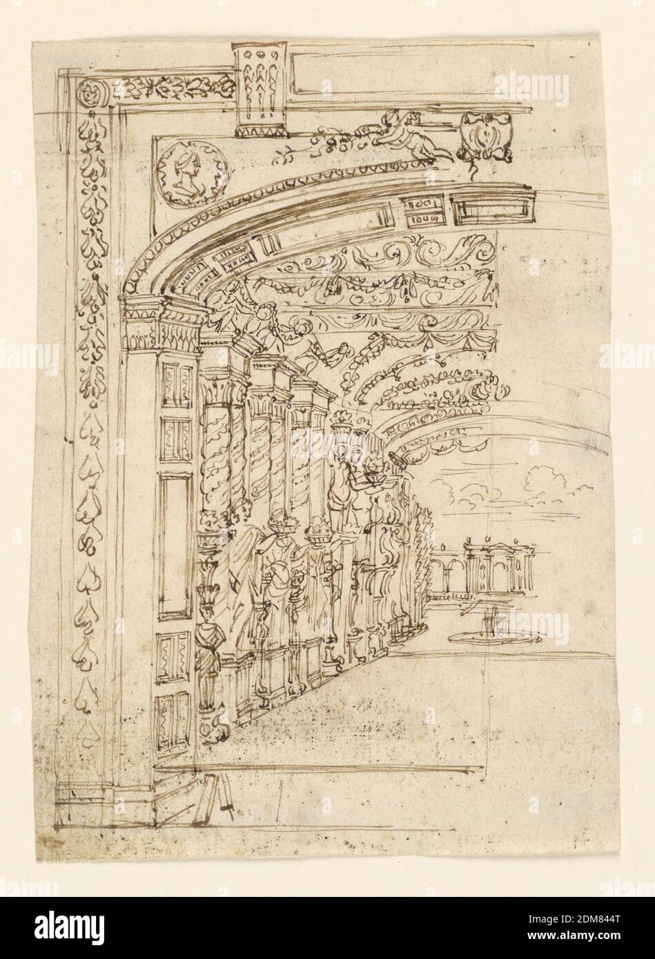 Bühnenbild: Arcade Leading to a Garden, Stift und braune Tinte auf Papier, Hochformat. Linker Teil eines Vorgebirges, mit einer säulenbesäumten und statuierten Halle, die sich zurückkehrt und sich zu einem Garten öffnet, mit einem Brunnen. Back Drop ist ein architektonischer Bildschirm oder Casino. Rechte Hälfte der Zeichnung unvollständig., Italien, Anfang 18. Jahrhundert, Theater, Zeichnung Stockfoto