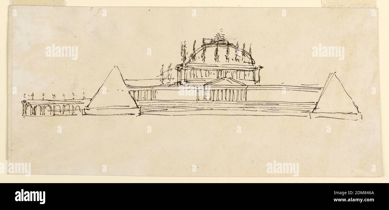 Höhe eines Mausoleums, Giuseppe Barberi, italienisch, 1746–1809, Feder und braune Tinte auf liniertem, cremefarbenem Papier, EINE Variation von -1159, unten: Ovoidale Kolonnaden verbinden die beiden Eckpyramidenpaare. Ein Portikus befindet sich in der Mitte eines Geheges, der die Plattform umgibt. Statuen stehen auf der Entablatur der Kapelle., Rom, Italien, ca. 1795, Architektur, Zeichnung Stockfoto