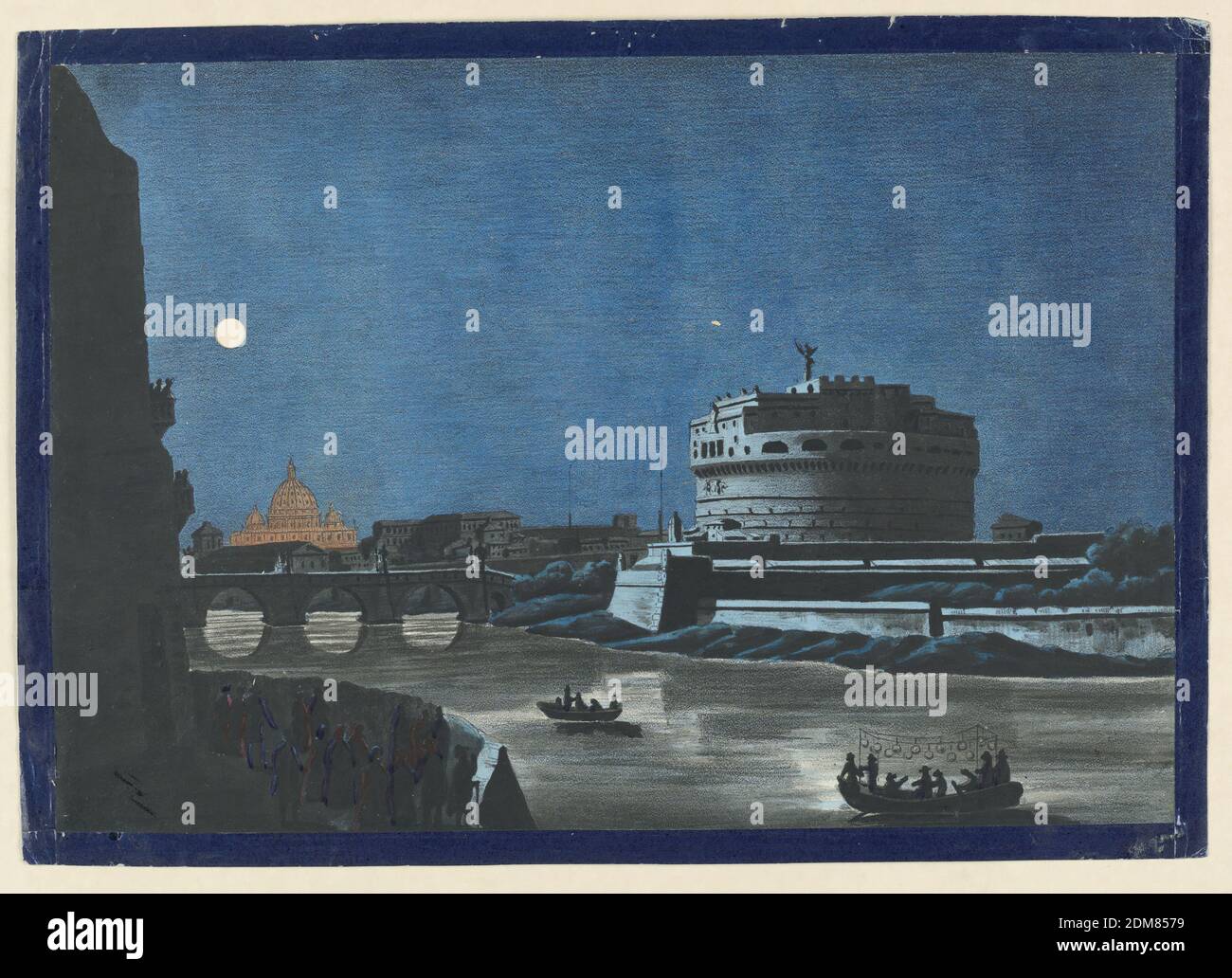 Peep-Show Bild, Blick auf die Engelsburg und den Petersdom, Rom, Lithograph mit Pinsel und Aquarell auf Papier, gestochen, zwei kleine Boote sind im Tiber zu sehen. Figuren in ihnen und im linken Vordergrund silhouettiert. Vollmond unterbrochen. St. Peter und Lichter auf der Ponte S. Angelo gestochen., Augsberg, Deutschland, ca. 1790, Peep-Show Print, Peep-Show Print Stockfoto