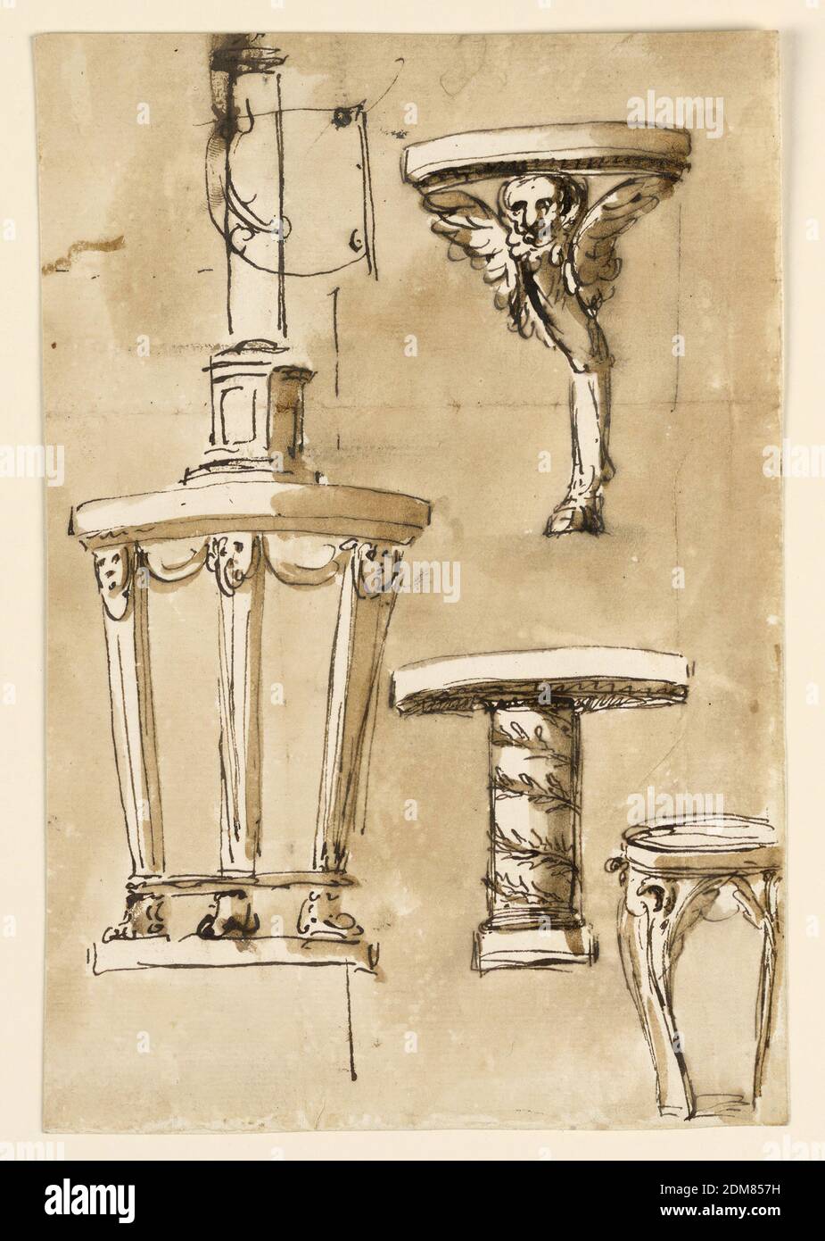 Tische, Giuseppe Barberi, italienisch, 1746–1809, Feder und braune Tinte, Pinsel und braune Wäsche auf cremefarbenem Papier, gefüttert, drei Säulen, links, mit Löwenfüßen, stehend auf einer Basis, stützen die Oberseite. Sie haben Masken anstelle von Kapitellen, unten durch Leisten, oben durch Festoons verbunden. Gekrönt von einer Säule mit einem hohen Sockel. Es wird teilweise durch den Plan eines Konsolentisch für eine Ecke überzeichnet. Oben rechts: Entwurf für einen Konsolentisch für eine Ecke, die von einer geflügelten Chimäre getragen wird. Unten, in der Mitte, ist ein Entwurf für einen runden Tisch, unterstützt von einer Säule, mit einer Girlande um ihn herum. Stockfoto