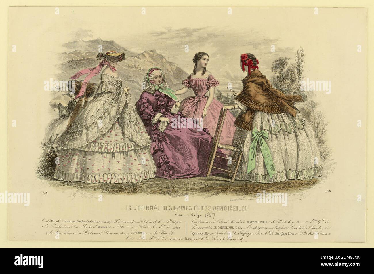 Fashion Plate von Le Journal des dames et demoiselles, Jules David, französisch, 1808 - 1892, Lamoureux & J. De Beauvais, französisch, aktiv 19. jh., A. Bodin, französisch, aktiv 19. jh., handkolorierte Gravur auf Papier, Fashion Plate von Le Journal des dames et demoiselles., Paris, Frankreich, ca. 1857, Drucken Stockfoto