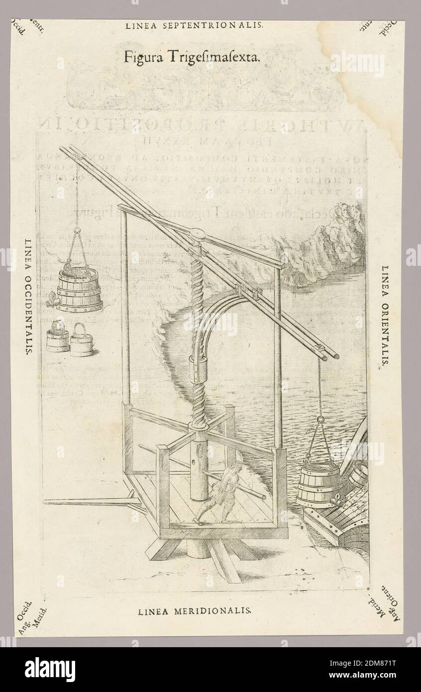 Platte XXXVI aus Theatrum instrumentorum et Machinarum, Julio Paschale, Holzschnitt auf Papier, Machien für den Transfer von Flüssigkeiten von Schiffen zum Ufer. Große Eimer mit Spigots an beiden Enden der Rohre auf einer Schraube. Von einem Mann auf einer Plattform unten gearbeitet. Beschreibung in lateinischer Sprache auf Rückseite von 1949-152-233., Lyon, Frankreich, 1582, Print Stockfoto