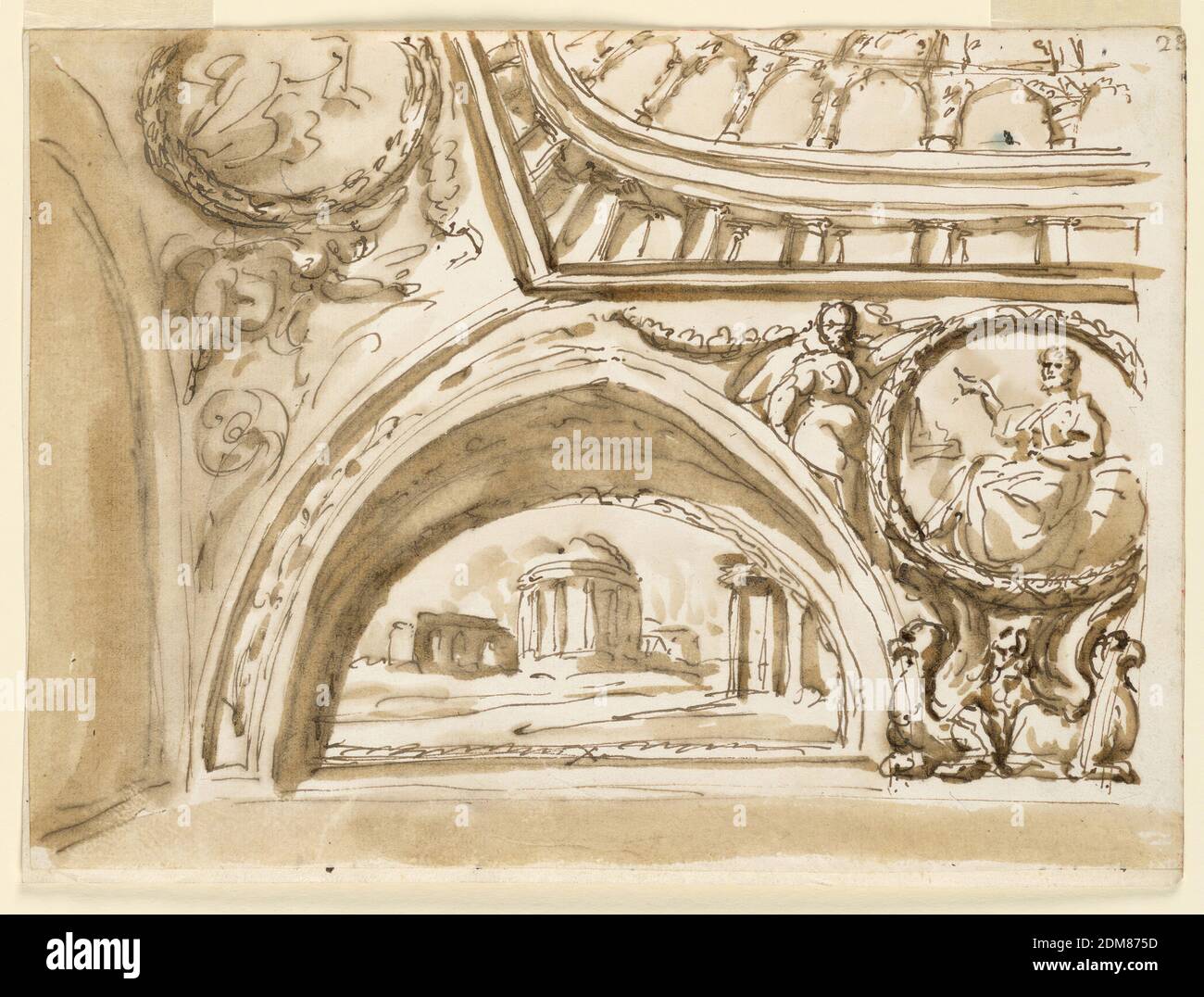 Design für Deckendekoration, ein Barrel Vault, Giuseppe Barberi, Italienisch, 1746–1809, Stift und braune Tinte, Pinsel und braun waschen off-wtie Papier gelegt, gefüttert, EINE Variation des Schemas von -1532. Der Bogen links ist zu einem schmalen Streifen reduziert. Das zentrale Motiv unten ist ein kreisförmiges Medaillon mit einem sitzenden Mann, getragen von den Flügeln zweier hockiger Gripins und getragen von Frauen, die auf den spitzen Bögen sitzen. Ein kugelförmiges Panel links ist mit einem ovoidalen Medaillon verziert, das von sitzenden Frauen getragen wird. Oben ist eine Ansicht ähnlich der in -1524 mit was wahrscheinlich bedeutet, eine Spalier-Architektur in der Mitte Stockfoto