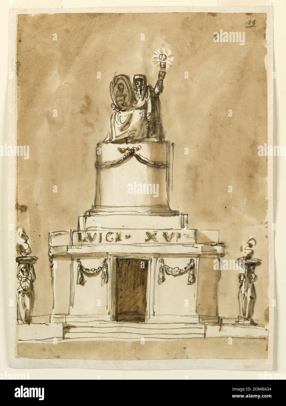 Begräbnisdekorationen für König Ludwig XVI. Von Frankreich, Giuseppe Barberi, italienisch, 1746–1809, Feder und braune Tinte, Pinsel und braune Wäsche auf liniertem, cremefarbenem Büttenpapier, EINE Variation von 1938-88-1302. Die Flammen brennen in Schüsseln, die in alternativen Andeutungen links von den erhobenen Armen einer Frau getragen werden, rechts von einem Pfosten, der in seinem unteren Teil von stehenden Figuren umragt wird. Die Paneele neben der Tür sind mit einem Festoon verziert. Ohne markante Gegenstände im Innenraum. Die Figur oben ist eine Variation von 1938-88-1301, ohne den Engel., Rom, Italien, 1793, Architektur, Zeichnung Stockfoto