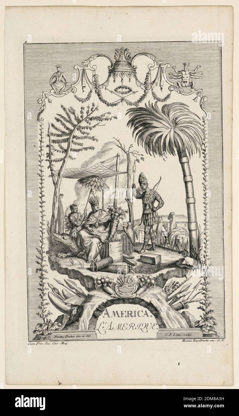 Amerika, Martin Engelbrecht, Deutsch, 1684–1756, C.F. Lottes, 1701 - 1740, Gravur auf Papier, Szene in einer ornamentalen Kartusche, die Amerika darstellt. Frau saß auf einem Krokodil und hielt ein Horn des Überflusses. Ein indianer mit Pfeil und Bogen rechts., Augsburg, Deutschland, 1717, Print Stockfoto