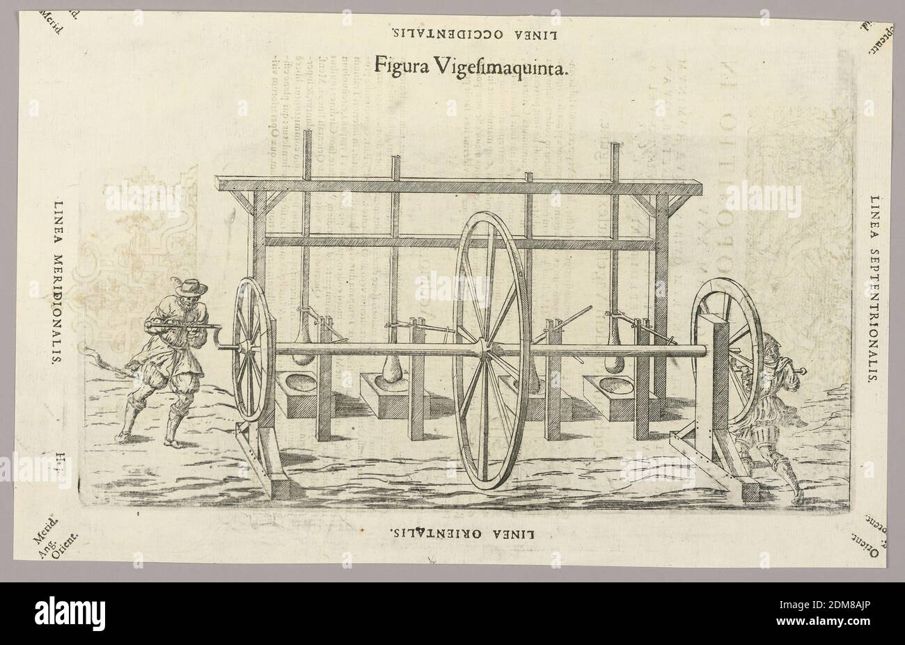 Platte XXV aus Theatrum instrumentorum et Machinarum, Julio Paschale, Holzschnitt auf Papier, Maschine zum Stampfen von Getreide, wahrscheinlich. Drei Räder auf einer großen Axel, gedreht von einem Mann an jedem Ende. Spokes auf der Axel bewegen Hebel zu Polen in einem Rahmen verbunden. Jeder Pol mit einem Gewicht, und einen Block darunter. Rückseitig lateinischer Kommentar von 1949-152-222., Europa, 1582, Print Stockfoto