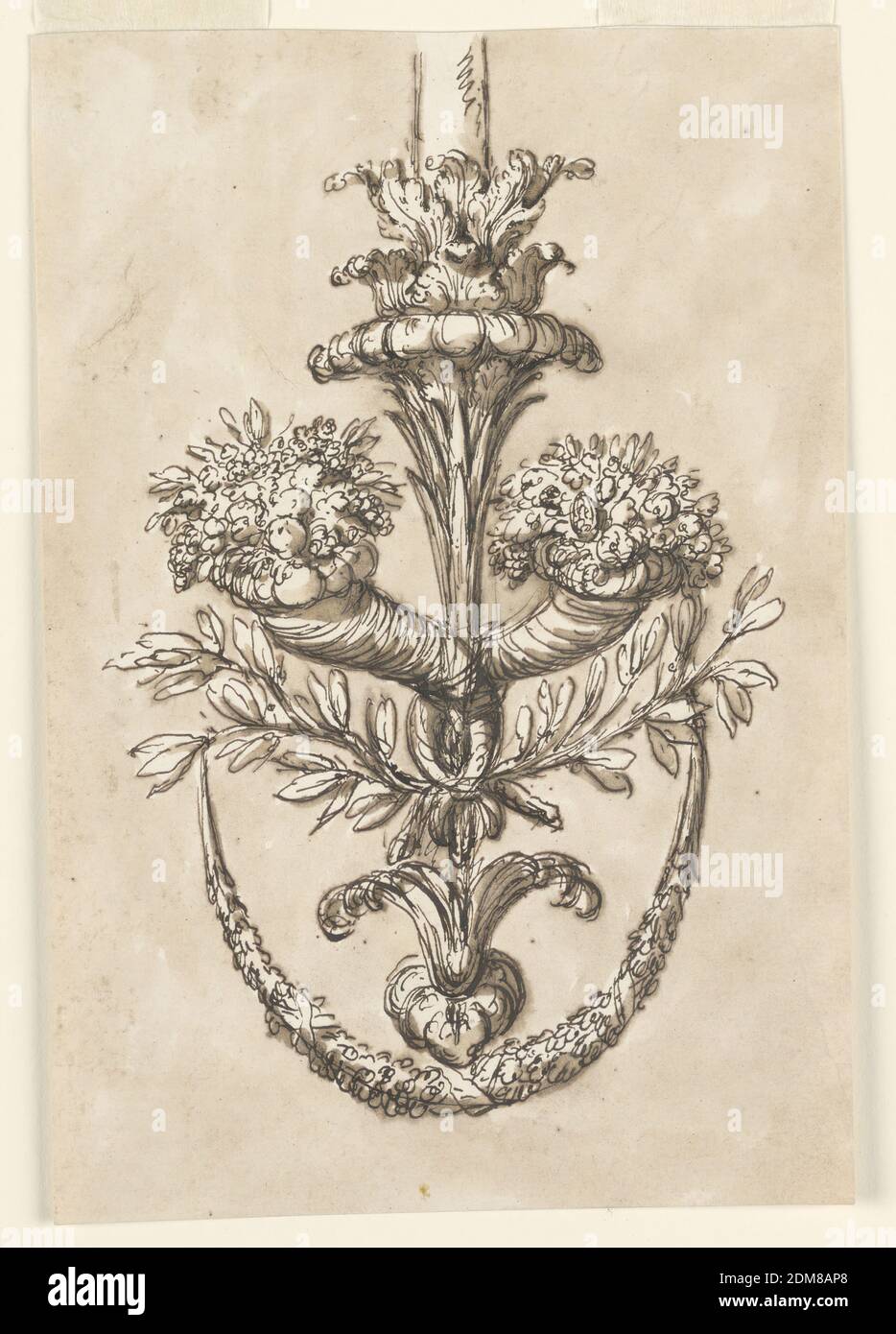 Bracket, Giuseppe Barberi, italienisch, 1746–1809, Pen und braune Tinte, Pinsel und braune Wäsche auf cremefarbenem Büttenpapier, Bracket., Rom, Italien, 1746–1809, Metallarbeiten, Zeichnung Stockfoto