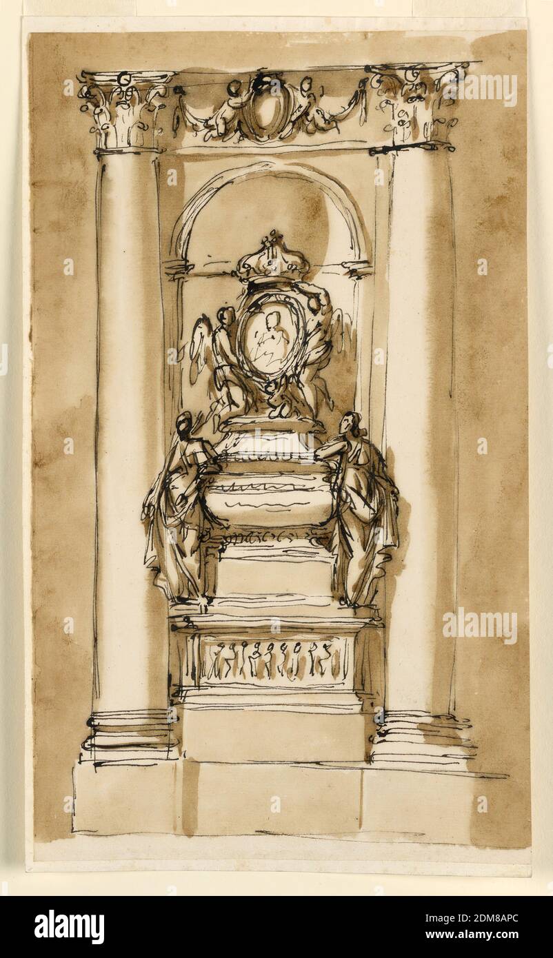 Stuart Monument, Giuseppe Barberi, Italienisch, 1746–1809, Feder und braune Tusche, Pinsel und braune Wäsche auf liniertem, cremefarbenem Büttenpapier, das für eine Verschneidung zwischen zwei eingebetteten Säulen und in einer Nische bestimmt ist. Zwischen den Kapitellen ist ein Fries mit einem Escutcheon, unterstützt von zwei fliegenden Putti, vor drapieren Festoons. Unten ist ein Stereobat. Das Denkmal hat unter einem Sockel mit einem hohen Sockel, und eine Tafel mit einem Relief von Figuren. Über ihm stehen zwei weibliche Allegorien, die sich gegen den Sarkophag lehnen, der die allgemeine Form einer Urne auf einer hohen Basis hat. Stockfoto