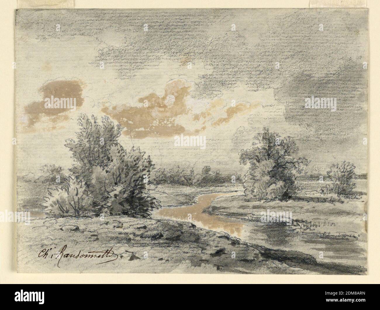 Landscape, Charles Nicolas Ransonnette, French, 1793 - 1877, Black Crayon, Pinsel und grau und schwarz Wasser Farben und weiß oxidierte Erhöhung auf Papier, EIN Graben windet sich durch ein buschiges Land., Frankreich, Paris, Frankreich, ca. 1855, Zeichnung Stockfoto