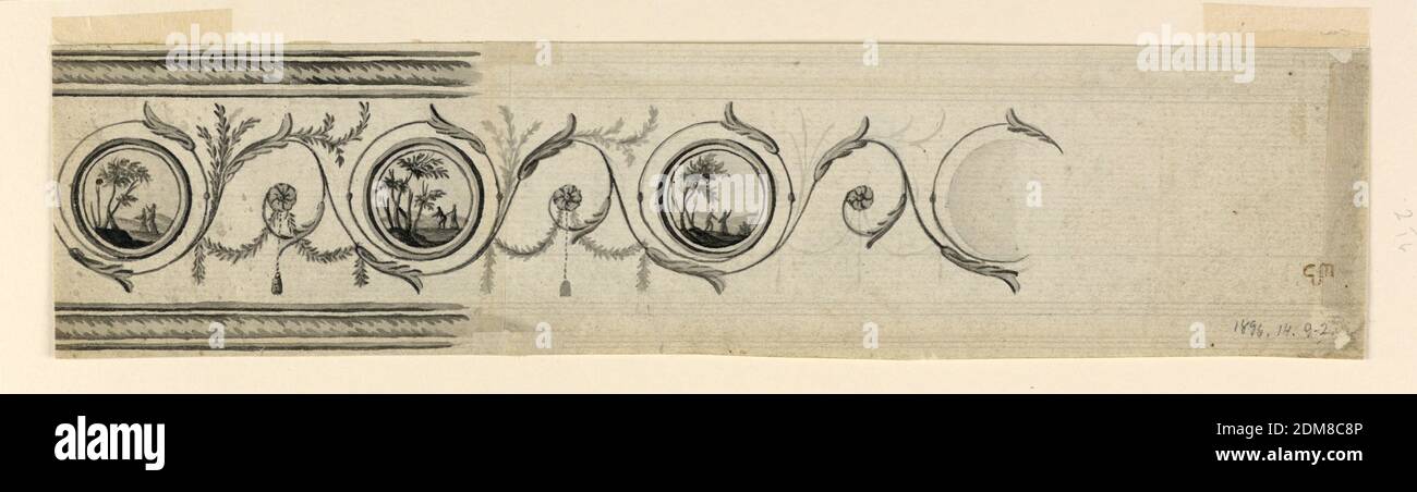 Entwurf für einen gemalten Fries, Graphit, Pinsel und graues Aquarell, chinesisches Schwarz auf Papier, Rinceaux mit kreisförmigen Medaillons an den Enden der Spiralen; zwei sind abgebildet. Sie enthalten Landschaften mit jeweils zwei Figuren. An den unteren Teilen der Rinceaux hängen Festoons und Quasten. Rückseite: Satyrs in hügeliger Landschaft. Vier Satyrs und ein Satyr Junge blasen Musikinstrumente, zwei Satyr Mädchen tanzen. Die Rahmenleisten oben und unten sind in B., Niederlande, ca. 1790, Zeichnung Stockfoto