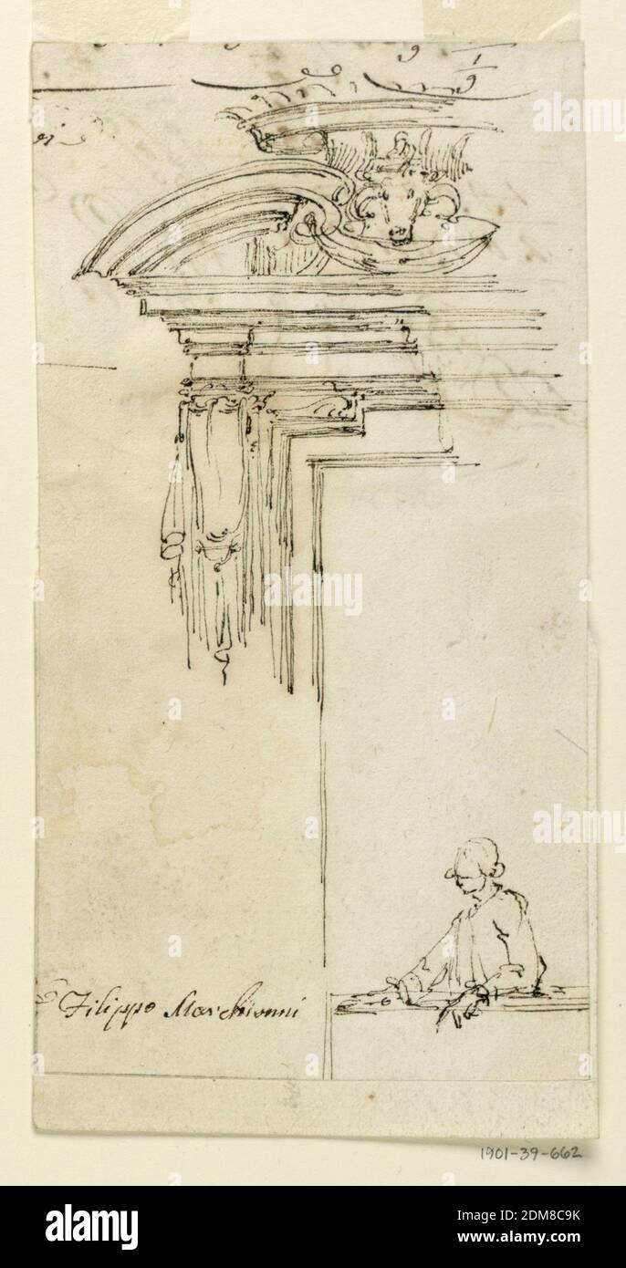 Design for a Window Case, Filippo Marchionni, italienisch, 1732–1805, Stift und Tusche auf Papier, EIN gebrochener Giebel, mit Widderkopf in der Mitte über einem von den Gesimsen getragenen Vorhänge; Oben eine Krone. In der Fensteröffnung befindet sich der obere Teil eines Mannes, dessen Hände auf einer horizontalen Stange liegen. Über einige Reste von Konten. Rückseitig: Konten und Skizze einer schlafenden Nymphe; daneben Bäume., Italien, ca. 1770, Architektur, Zeichnung Stockfoto