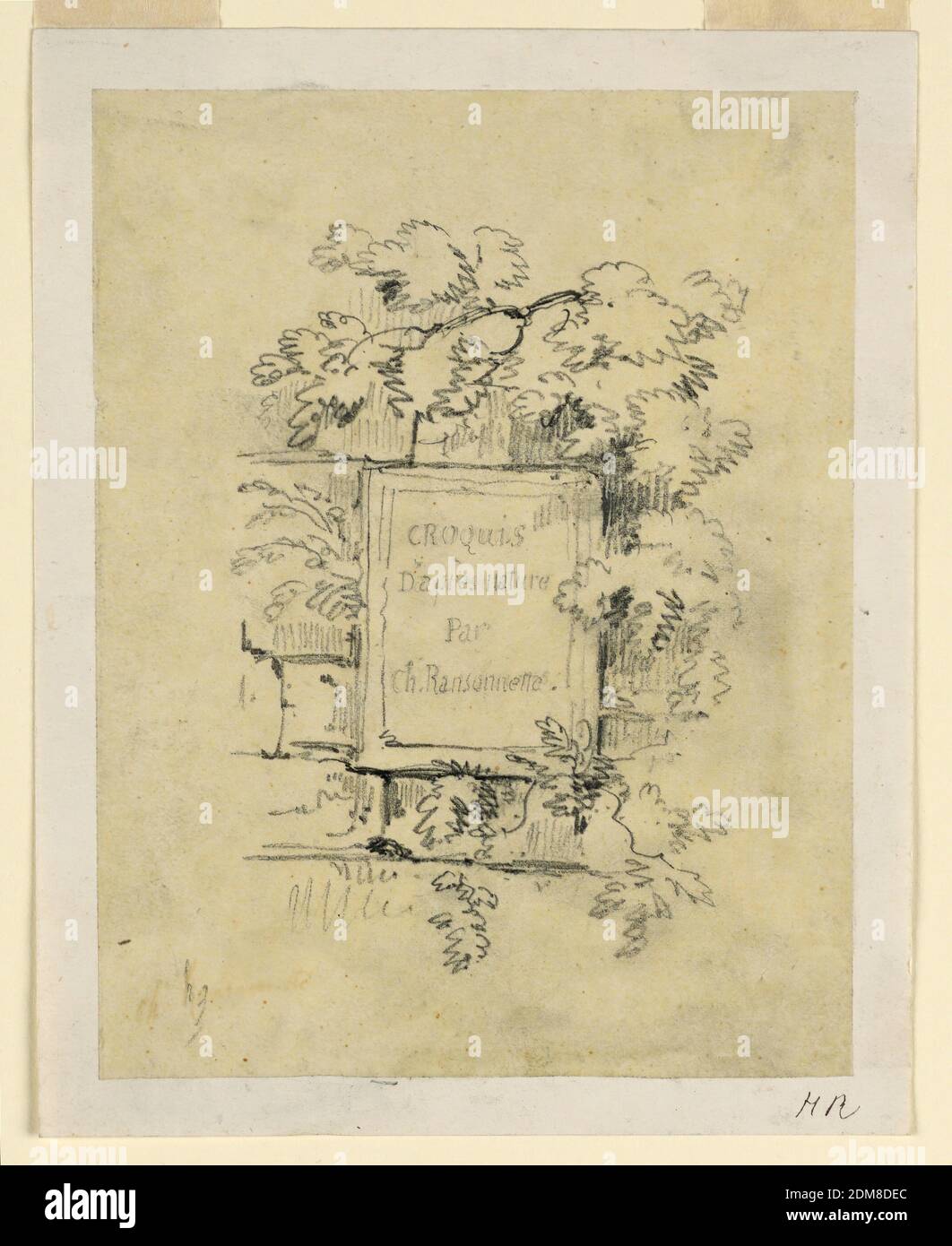 Entwurf für eine Titelseite, Charles Nicolas Ransonnette, französisch, 1793 - 1877, Graphit auf gelbem Tapepapier, ein Teil einer Wand ist abgebildet, mit einer Tafel und der Inschrift: 'CROQUIS / D'APRES NATURE / PAR / CHARLES RANSONNETTE' umgeben von Weinrebe., Frankreich, 1825–1840, Zeichnung Stockfoto