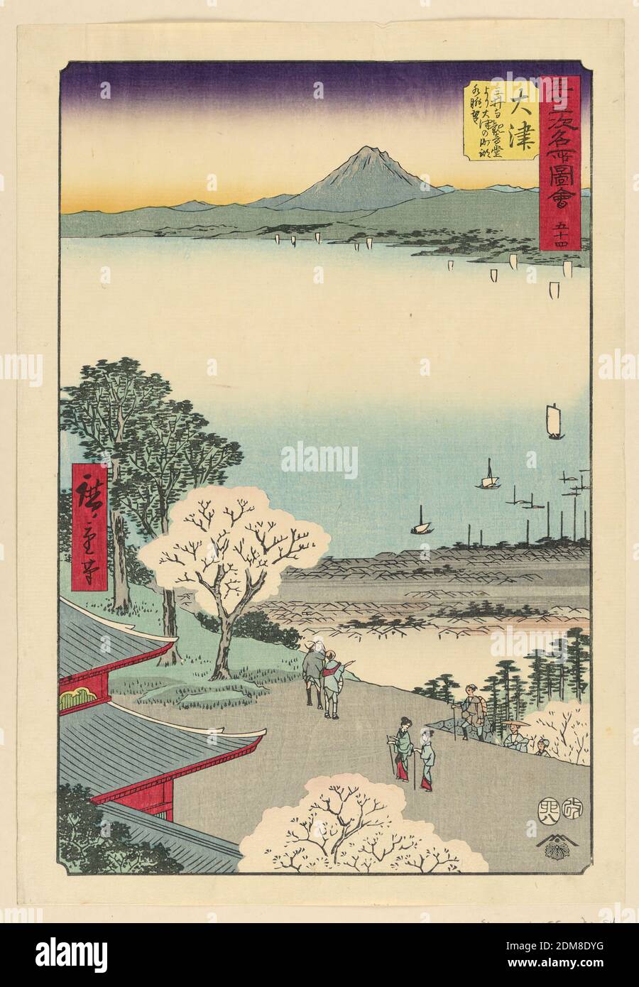 Ocean View, Ando Hiroshige, japanisch, 1797–1858, Holzschnitt in farbiger Tinte auf Papier, Diese Szene zeigt eine Vogelperspektive mit Blick auf den Ozean. Zwei Paare genießen den schönen Frühlingstag. Ein paar Männer diskutieren und zeigen auf die Schiffe, während zwei Frauen, die von Stöcken unterstützt werden, zum Schrein gehen., Japan, 1797-1858, Landschaften, Drucken Stockfoto
