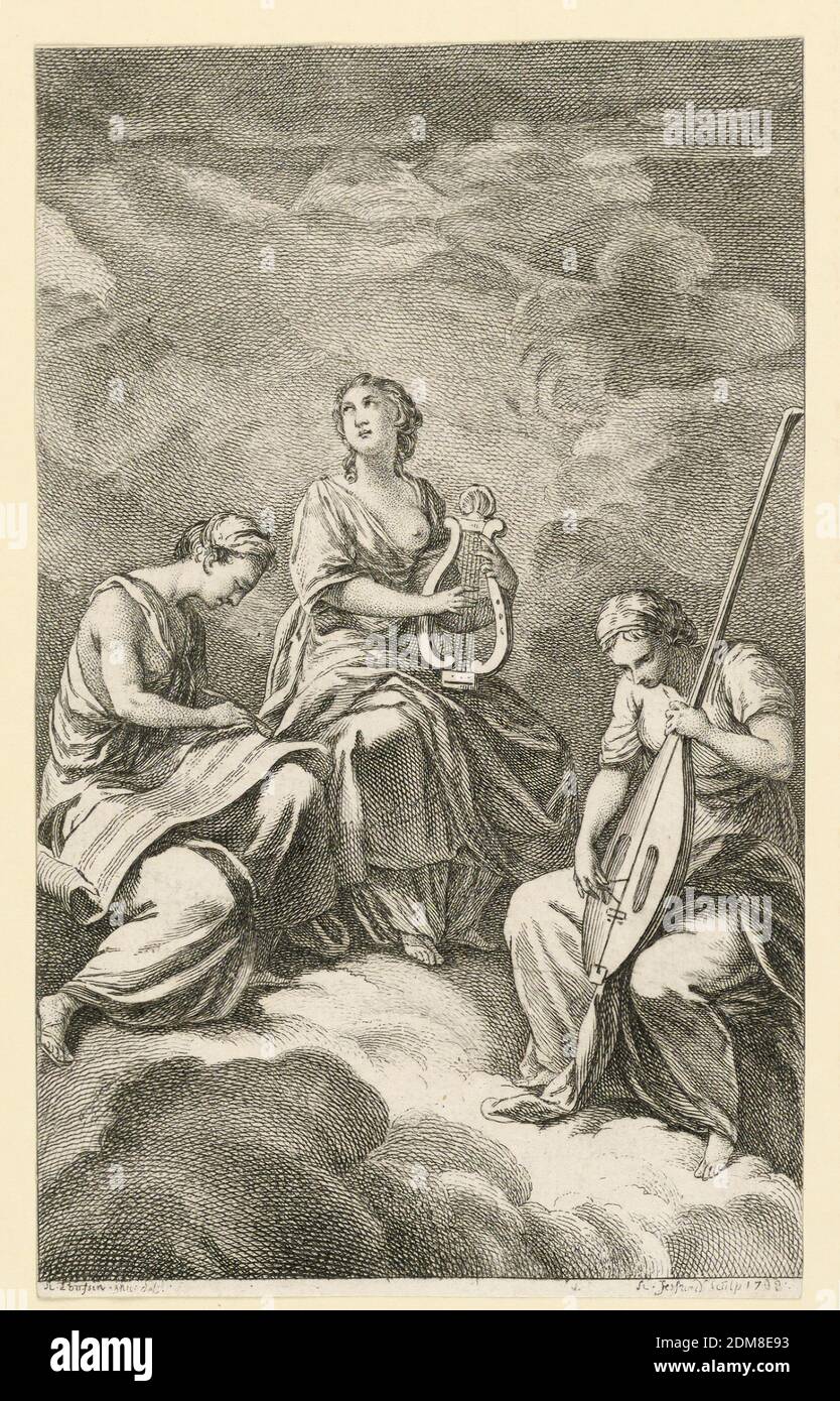 Drei musikalische Grazien, Étienne Fessard, französisch, 1714–1777, Nicolas Poussin, französisch, 1594–1665, Gravur auf Papier, drei auf Wolken sitzende Frauenfiguren werden musiziert; die links komponiert; Der mittlere spielt eine Leier, und der rechte spielt eine Art voila de gamba., Frankreich, 1758, Print Stockfoto