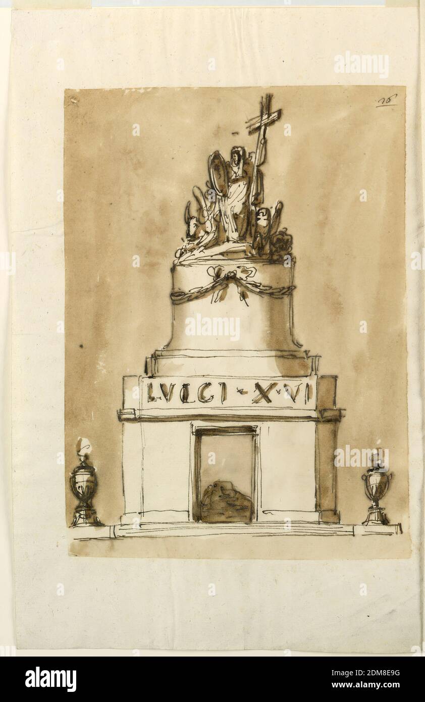 Begräbnisdekorationen für König Ludwig XVI. Von Frankreich, Giuseppe Barberi, italienisch, 1746–1809, Feder und braune Tusche, Pinsel und braune Wäsche auf liniertem, cremefarbenem Büttenpapier, EINE Variation von 1938-88-1301, mit weniger Details und Ornamenten. Die Flammen brennen in Urnen. Die Inschrift befindet sich im Band über der Entablatur. Die Zahl mit dem Kreuz ist eine Variation von 1938-88-1300. Neben ihr sind die Symbole der Evangelisten., Rom, Italien, 1793, Architektur, Zeichnung Stockfoto