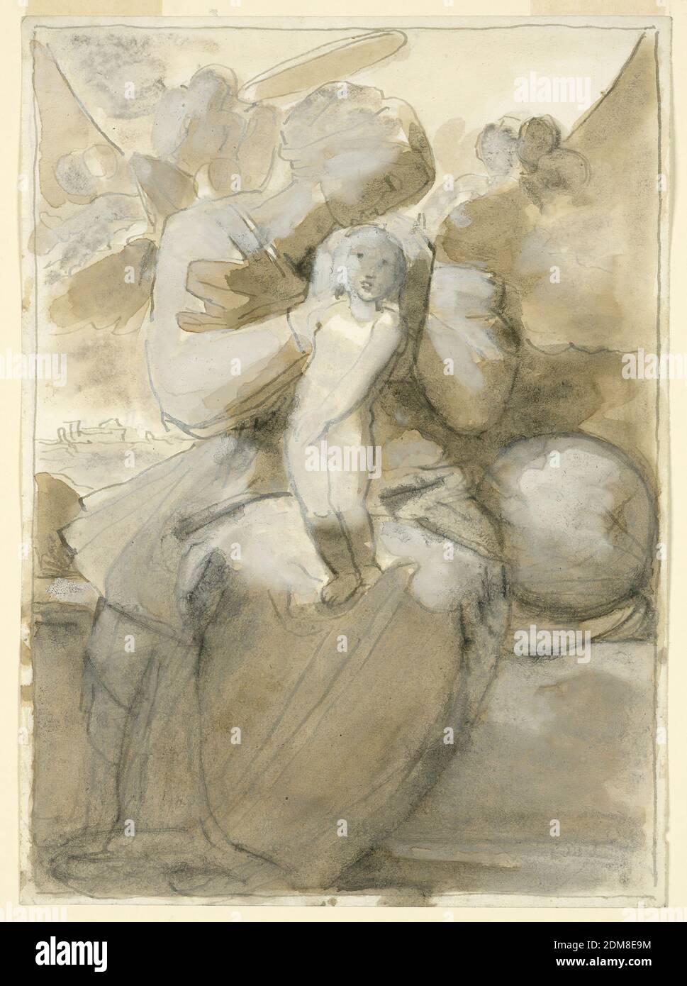 Die Jungfrau mit dem Kind, Fortunato Duranti, italienisch, 1787 - 1863, Pinsel und braunes Aquarell, weiß aufgehellt auf Papier; Pinsel und braunes Aquarell auf Papier, die Jungfrau sitzt auf einer Bank im Freien. Das Kind steht in ihrem Schoß. Sie legt ihre Hand auf seinen Kopf, den sie küssen will. Neben ihr, rechts, liegt der Globus. Hinter ihrem Kopf ist ein großer heller Halbkreis, offenbar die Sonne. Cherubim sind in den Wolken und links; teilweise im Halbkreis ist eine Gruppe von scheinbar sitzenden männlichen Figuren und einem Kind. Verso: Andere Seite: Mit kleinen Variationen die gleiche Komposition Stockfoto