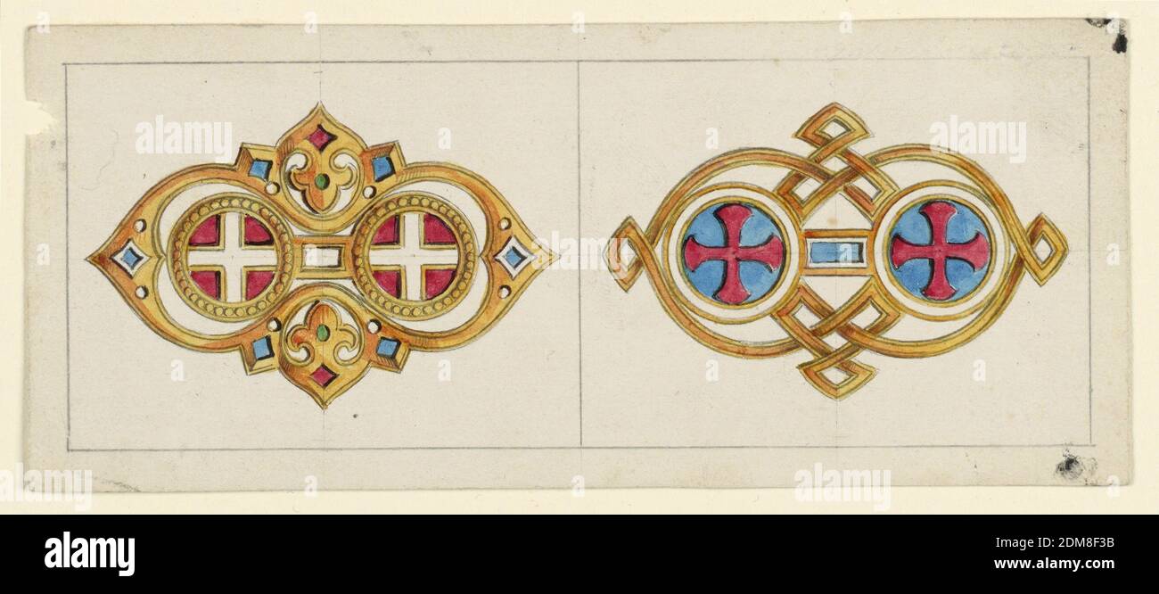 Zwei Entwürfe für Broschen im 'byzantinischen' Stil, Feder und braune Tinte, Pinsel und Aquarell, Graphit auf weißem Papier, Mittelzeichnung im Bild. Links: In der Mitte sind zwei Kreise, ähnlich wie -63-56 links, durch ein Rechteck verbunden. Der Bogen wird von einer pseudo-gotischen Form umrahmt. Rechts: Ein ähnliches Mittelmotiv; die Kreise mit roten Kreuzen auf blau sind von einem winklig verschlungen Band eingerahmt., Rom, Italien, 1860–65, Schmuck, Zeichnung Stockfoto