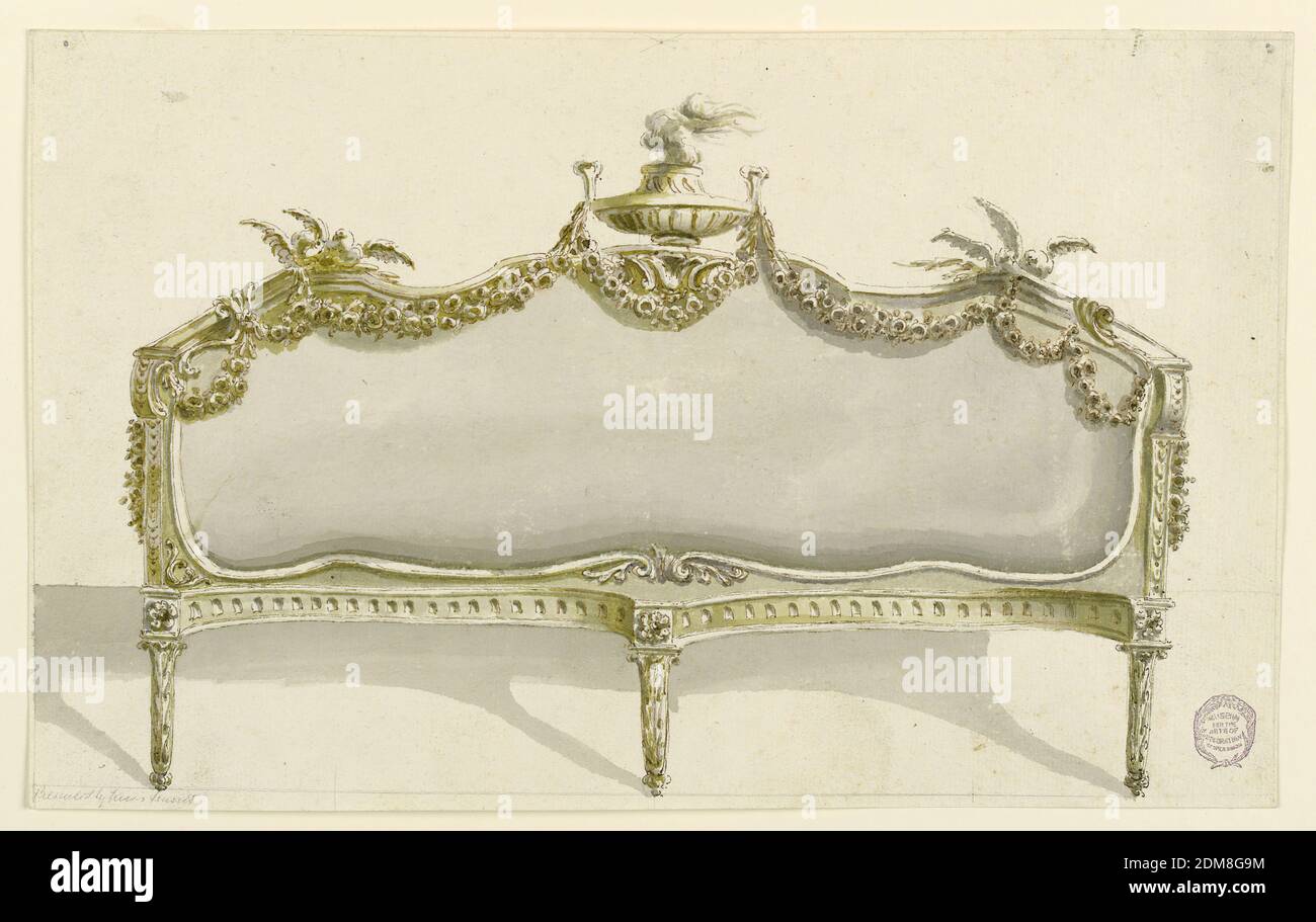 Heck Elevation of a Sofa, Black Chalk, Pen and ink, brush and grey and olive watercolor on paper, three beines in Form von Calyces are at the Front. Oben am oberen Rand befinden sich seitlich zwei Paar Tauben, in der Mitte eine Schale mit Feuer. Von ihm s Griffe sind von den oberen Formteilen hängen Festoons von Rosen. Cast Shadow., Frankreich, 1770–1800, Möbel, Zeichnung Stockfoto